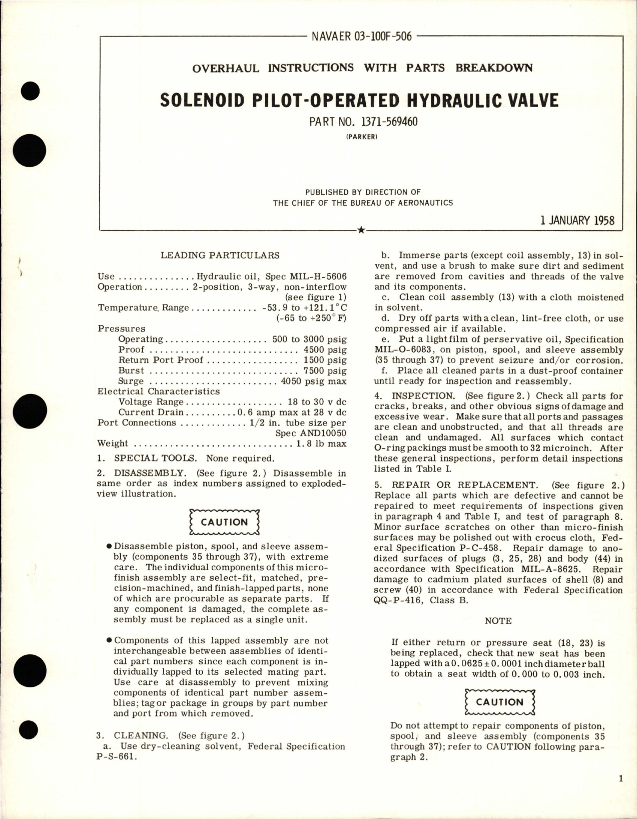 Sample page 1 from AirCorps Library document: Overhaul Instructions with Parts Breakdown for Solenoid Pilot-Operated Hydraulic Valve - Part 1371-569460