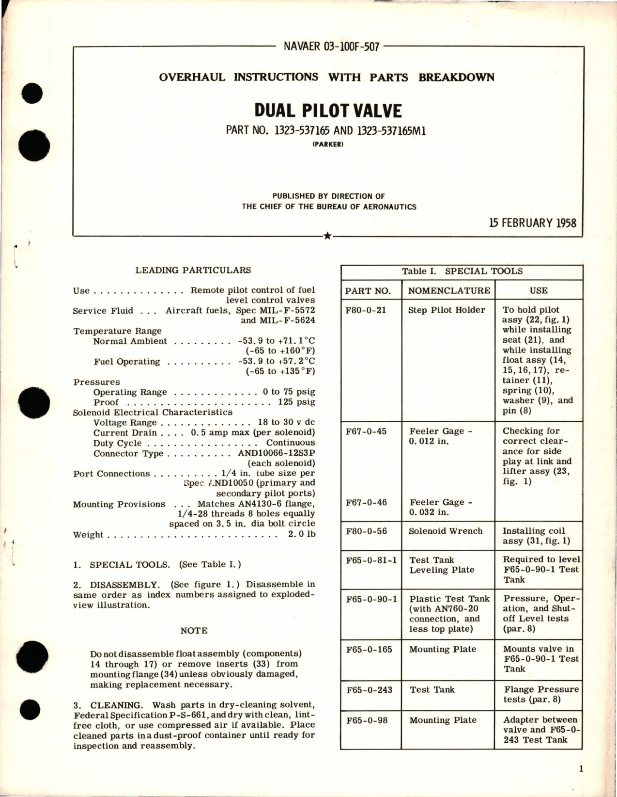 Sample page 1 from AirCorps Library document: Overhaul Instructions with Parts Breakdown for Dual Pilot Valve - Part 1323-537165 and 1323-537165M1