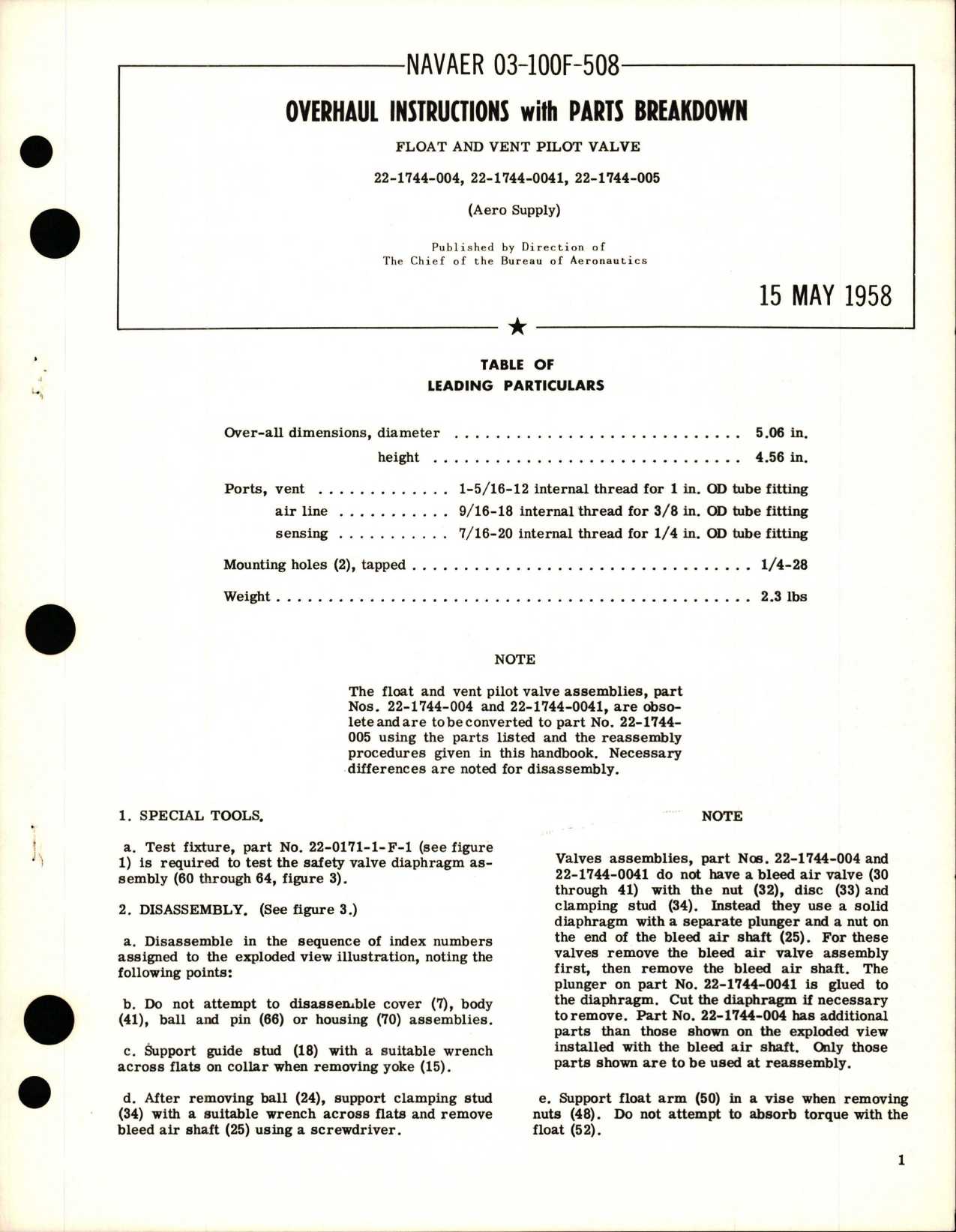 Sample page 1 from AirCorps Library document: Overhaul Instructions with Parts Breakdown for Float and Vent Pilot Valve - Parts 22-1744-004, 22-1744-0041, and 22-1744-005