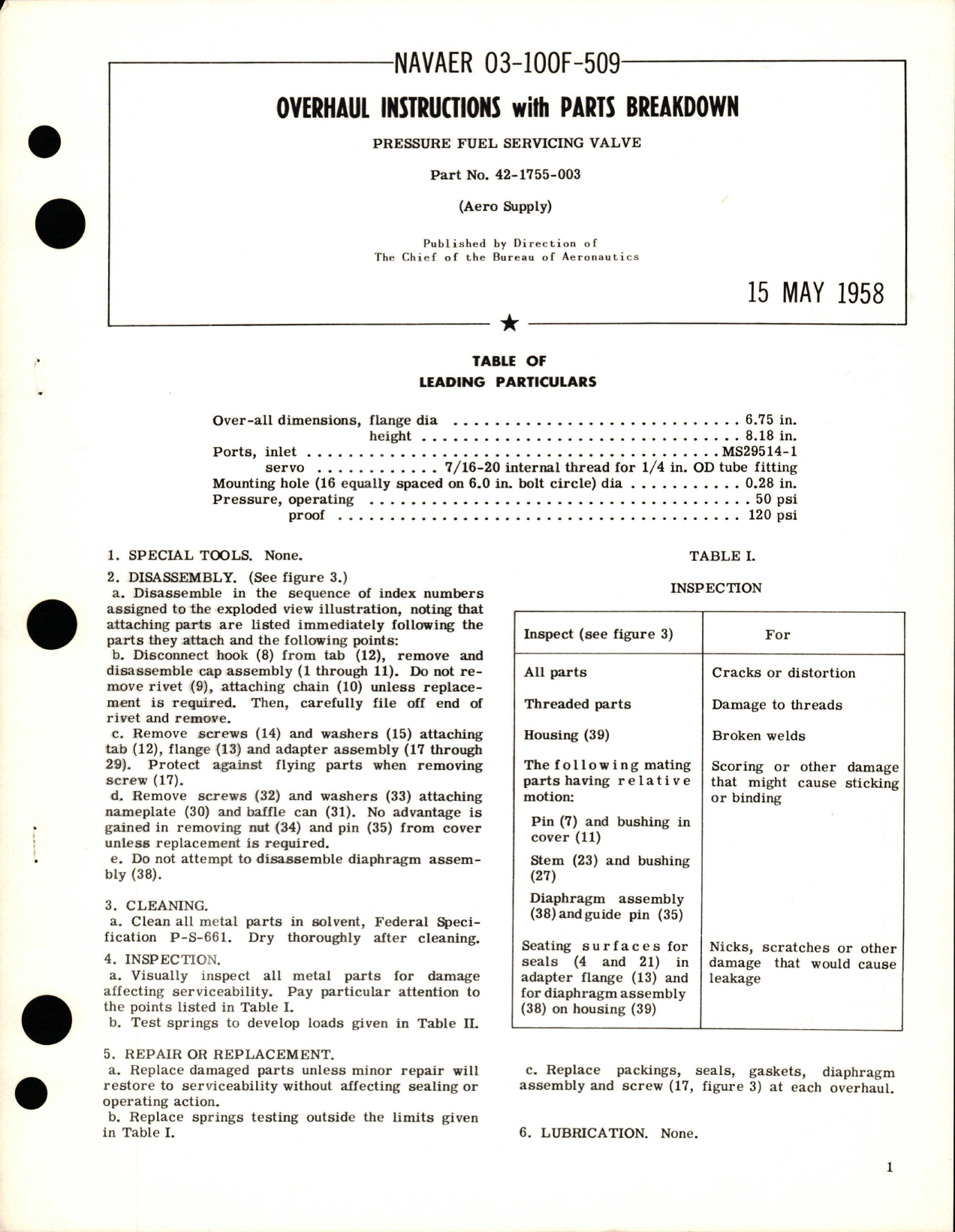 Sample page 1 from AirCorps Library document: Overhaul Instructions with Parts Breakdown for Pressure Fuel Servicing Valve - Part 42-1755-003