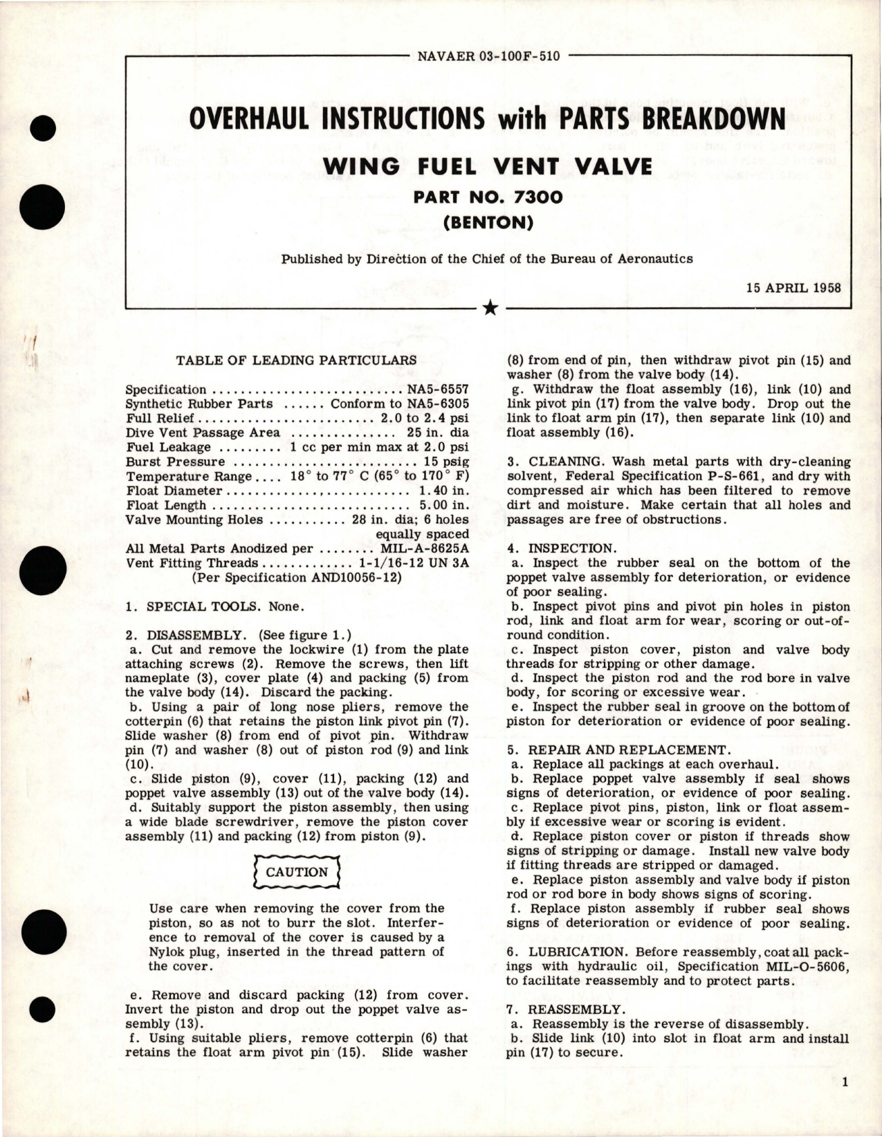 Sample page 1 from AirCorps Library document: Overhaul Instructions with Parts Breakdown for Wing Fuel Vent Valve - Part 7300
