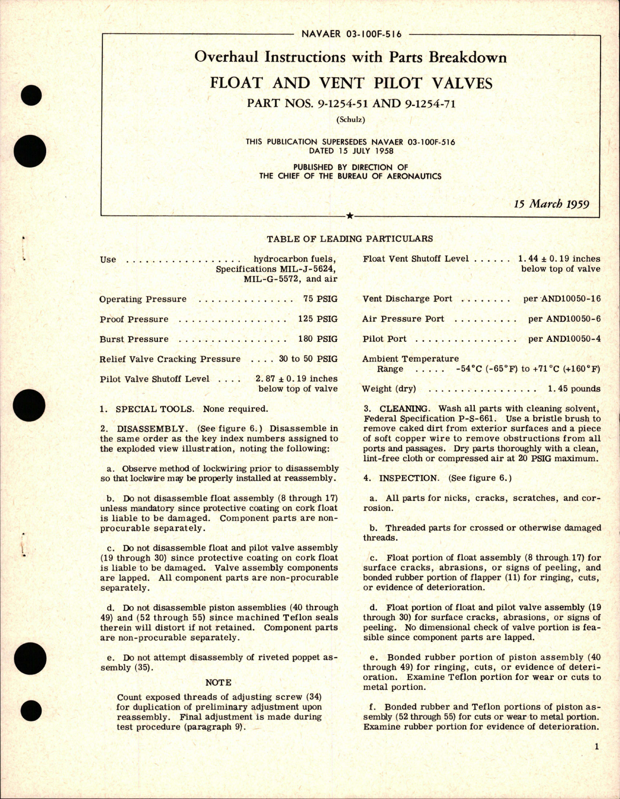 Sample page 1 from AirCorps Library document: Overhaul Instructions with Parts Breakdown for Float and Vent Pilot Valves - Parts 9-1254-51 and 9-1254-71