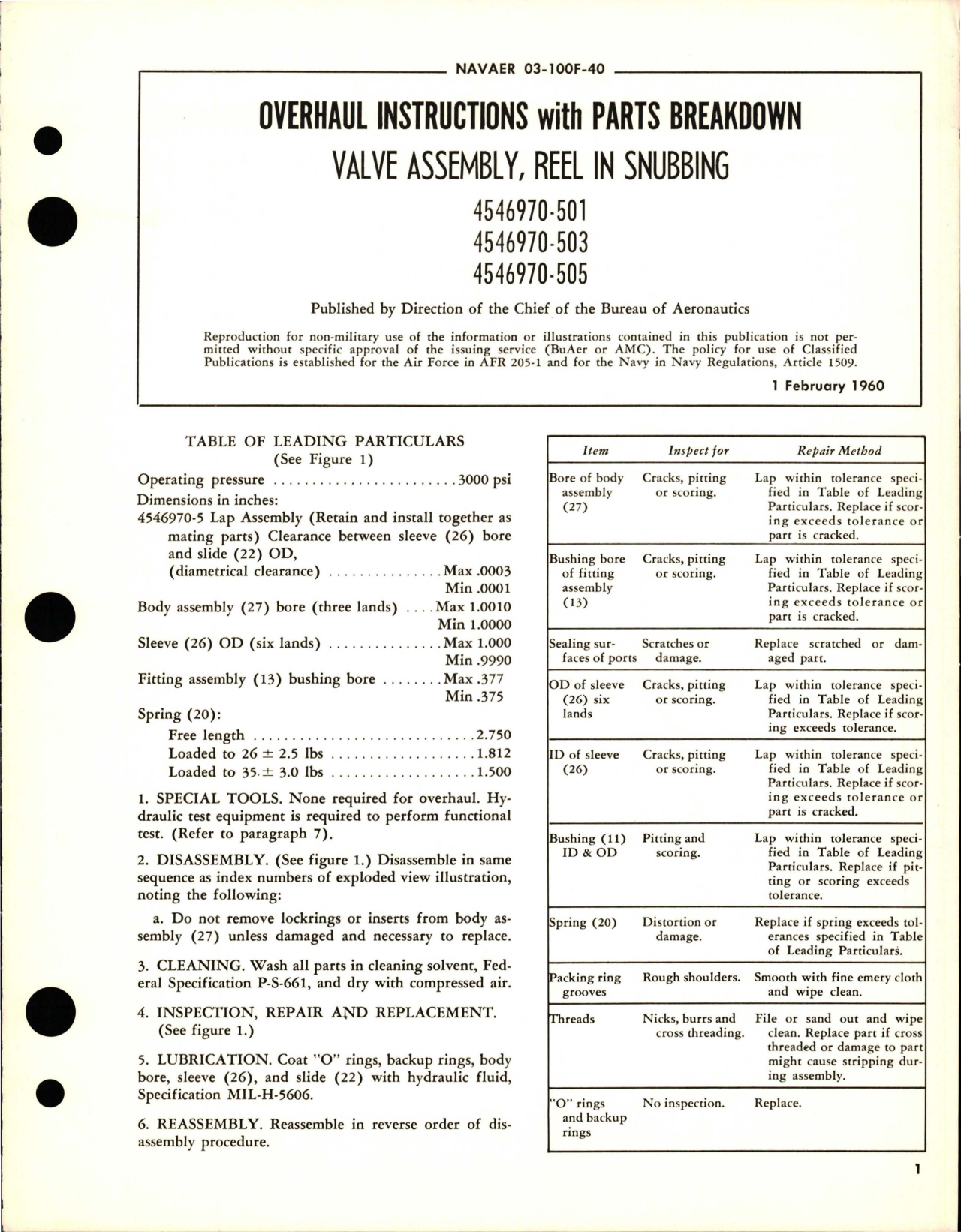 Sample page 1 from AirCorps Library document: Overhaul Instructions with Parts Breakdown for Reel in Snubbing Valve Assembly - Parts 4546970-501, 4546970-503, and 4546970-505