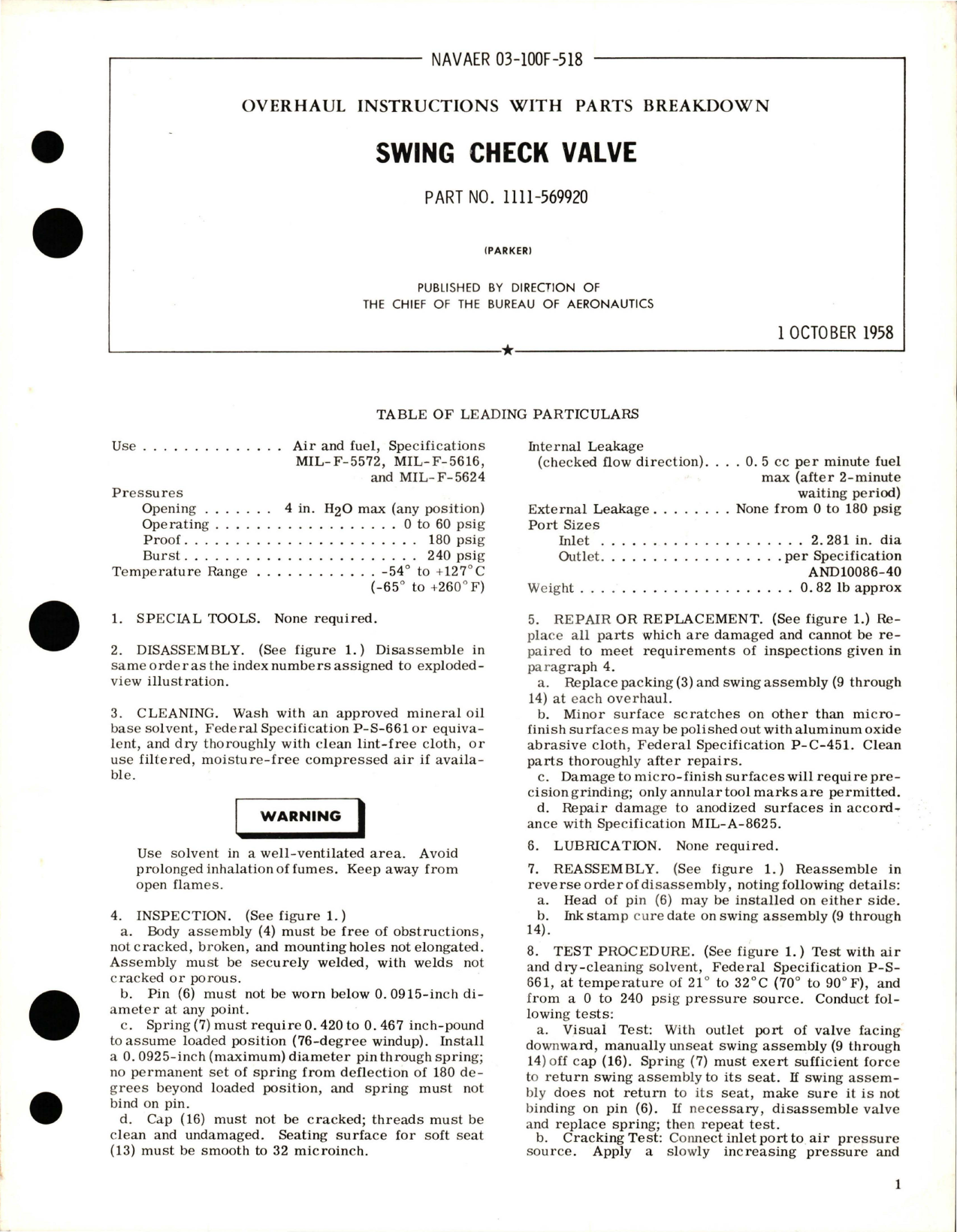 Sample page 1 from AirCorps Library document: Overhaul Instructions with Parts Breakdown for Swing Check Valve - Part 1111-569920