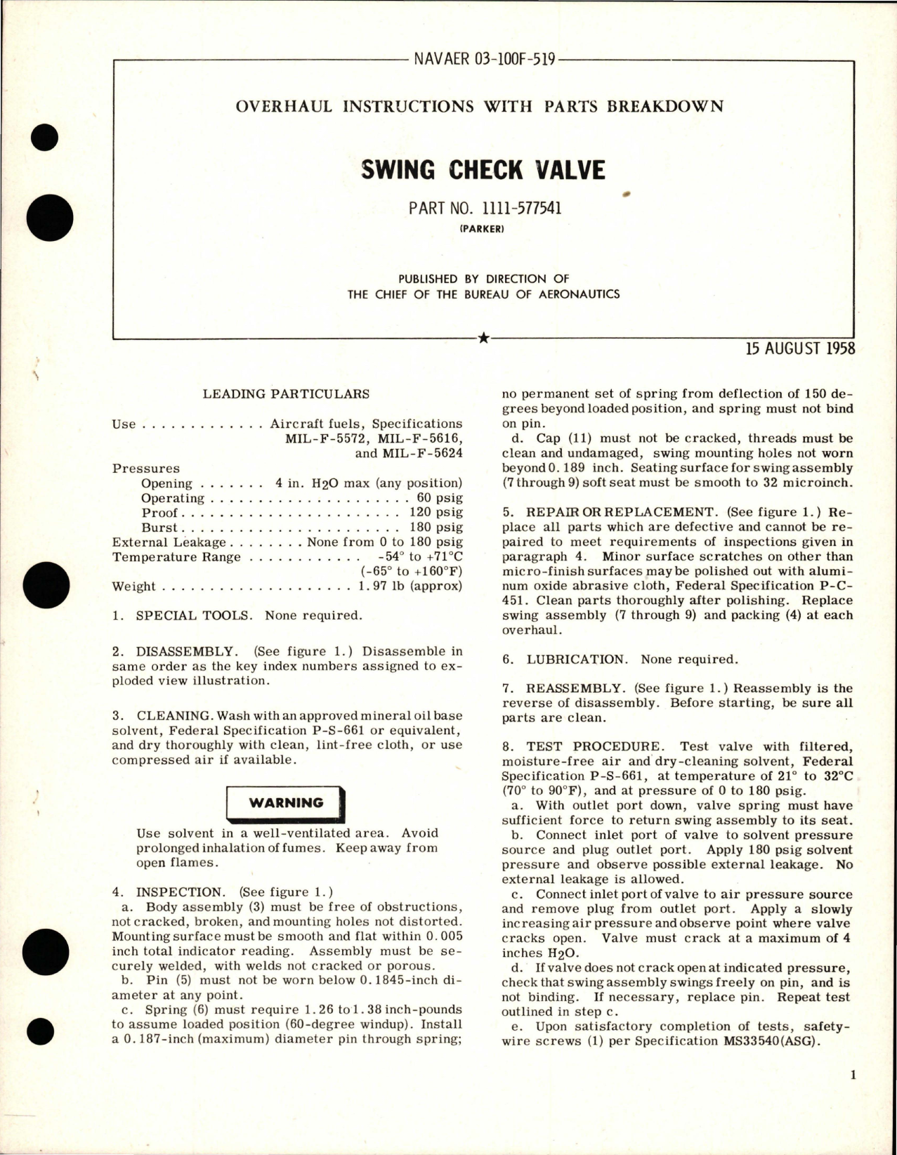 Sample page 1 from AirCorps Library document: Overhaul Instructions with Parts Breakdown for Swing Check Valve - Part 1111-577541