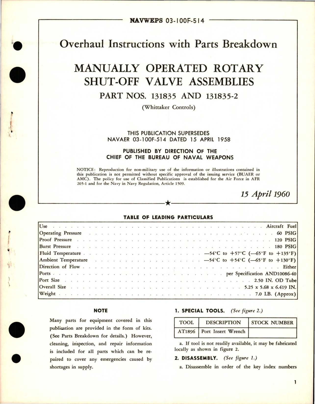 Sample page 1 from AirCorps Library document: Overhaul Instructions with Parts Breakdown for Manually Operated Rotary Shut-Off Valve Assemblies - Parts 131835 and 131835-2