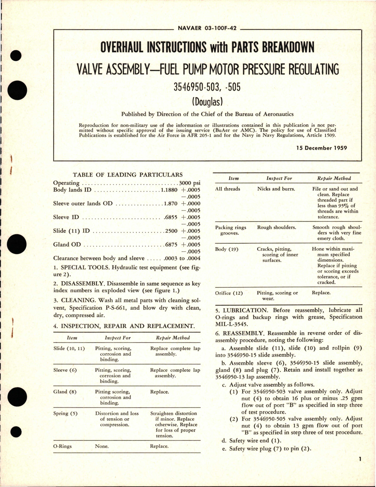 Sample page 1 from AirCorps Library document: Overhaul Instructions with Parts Breakdown for Fuel Pump Pressure Regulating Valve Assembly - 3546950-503 and 3546950-505