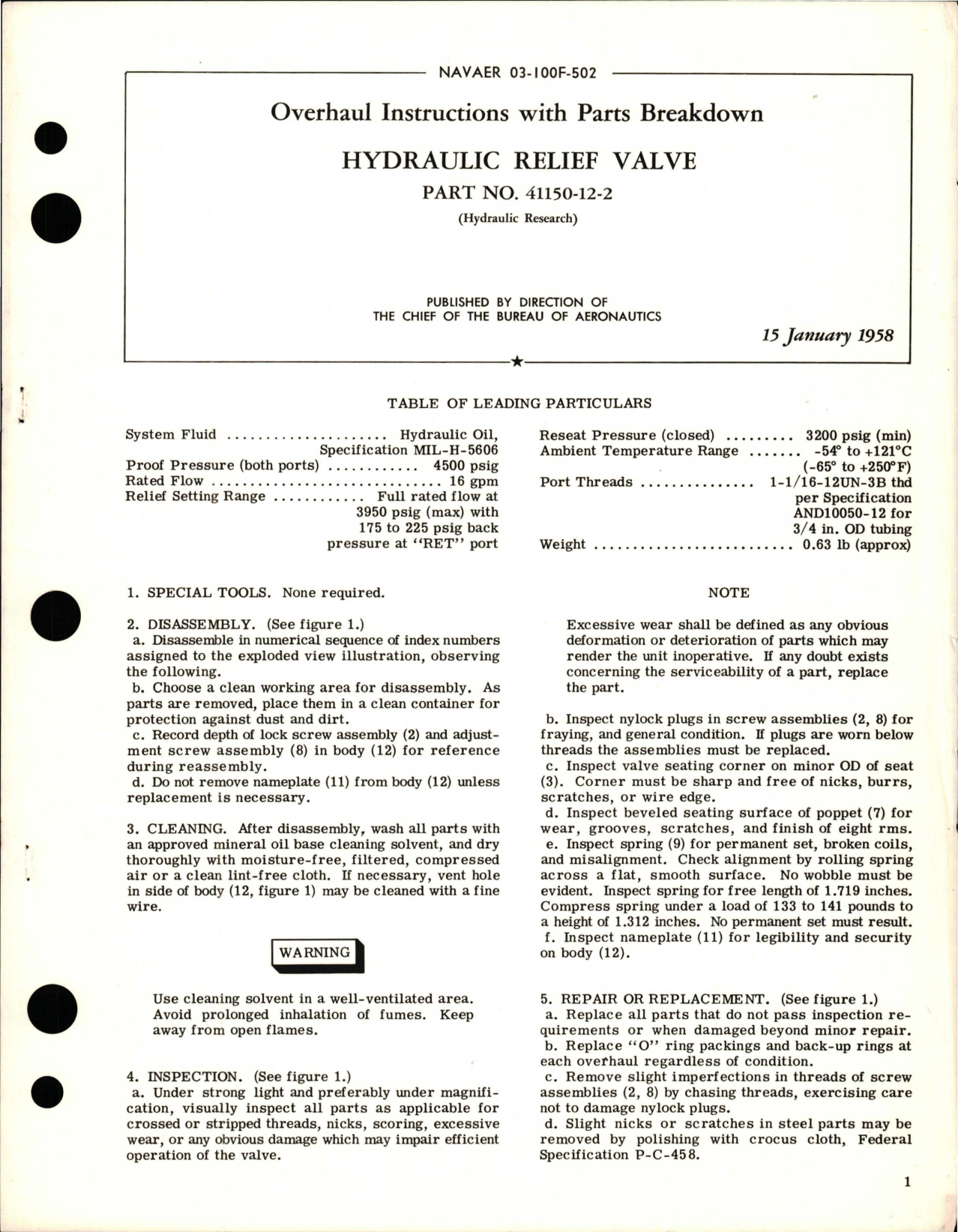 Sample page 1 from AirCorps Library document: Overhaul Instructions with Parts Breakdown for Hydraulic Relief Valve - Part 41150-12-2 