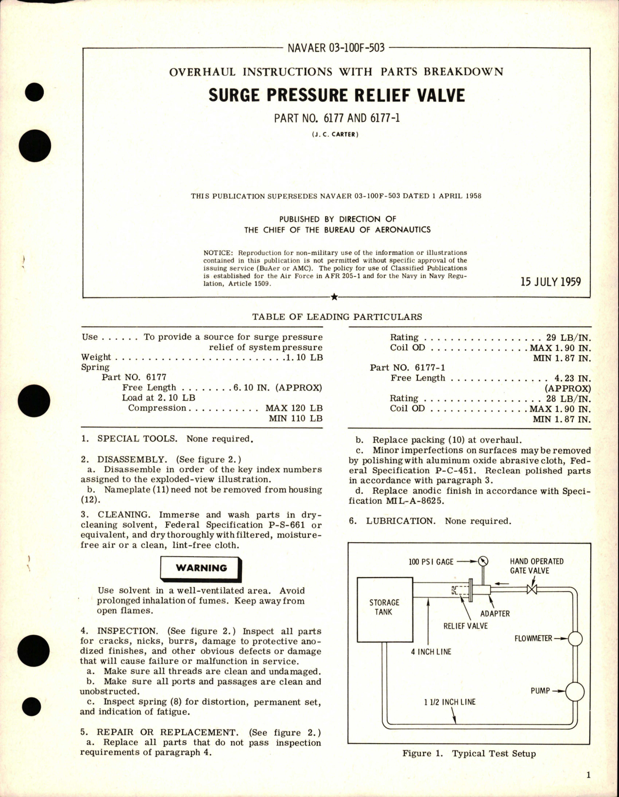 Sample page 1 from AirCorps Library document: Overhaul Instructions with Parts Breakdown for Surge Pressure Relief Valve - Parts 6177 and 6177-1 