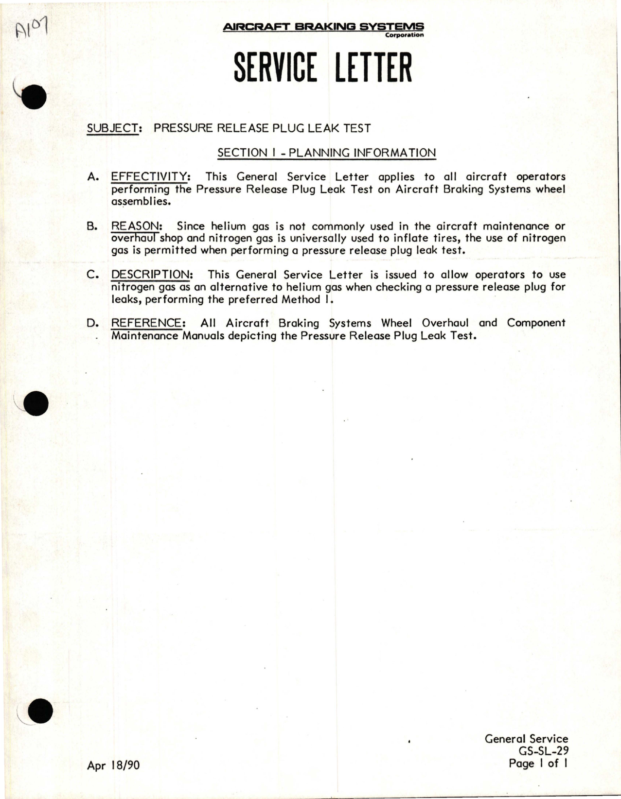 Sample page 1 from AirCorps Library document: Service Letter for Pressure Release Plug Leak Test on Braking Systems Wheel Assemblies