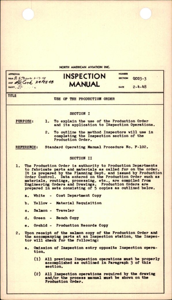 Sample page 1 from AirCorps Library document: Use of the Production Order