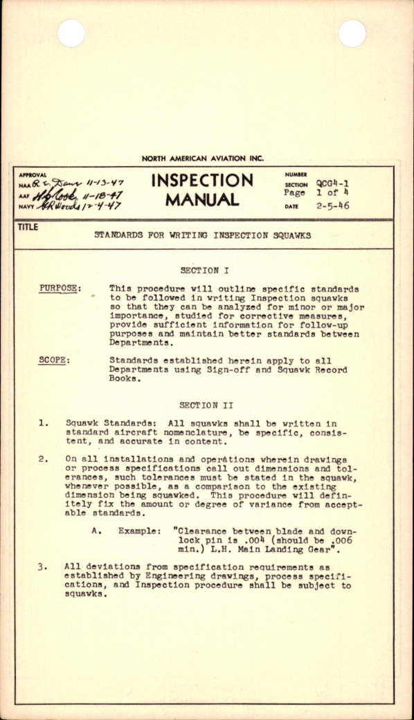 Sample page 1 from AirCorps Library document: Standards for Writing Inspection Squawks