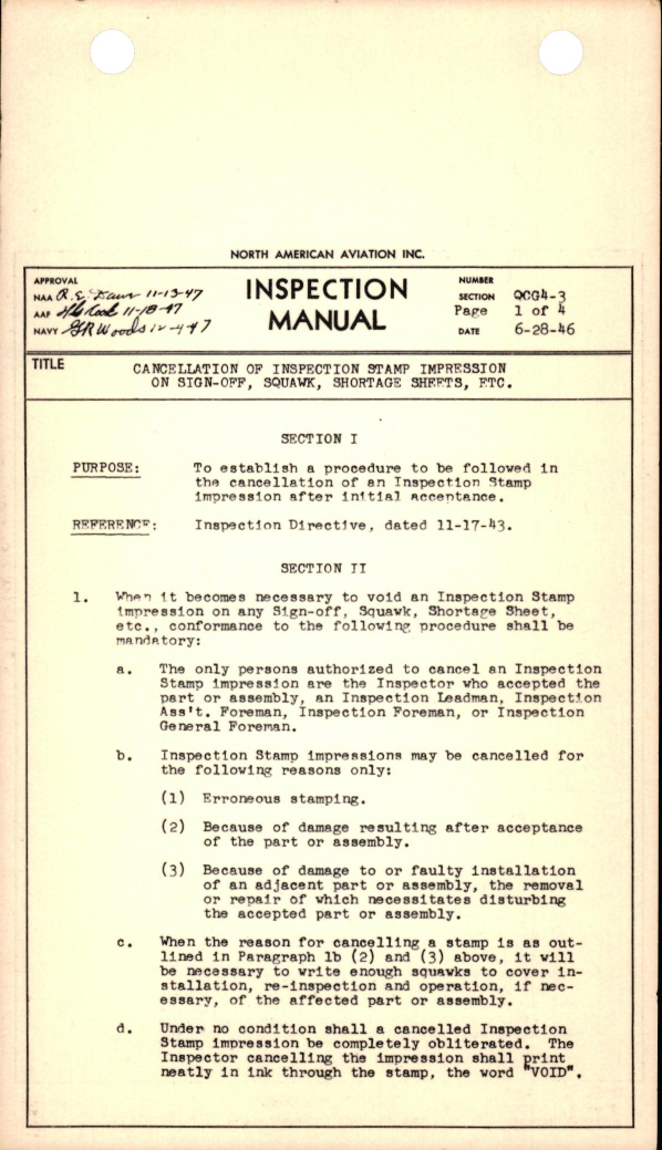 Sample page 1 from AirCorps Library document: Cancellation of Inspection Stamp Impression on Sign-Off, Squawk, Shortage Sheets, Etc. 