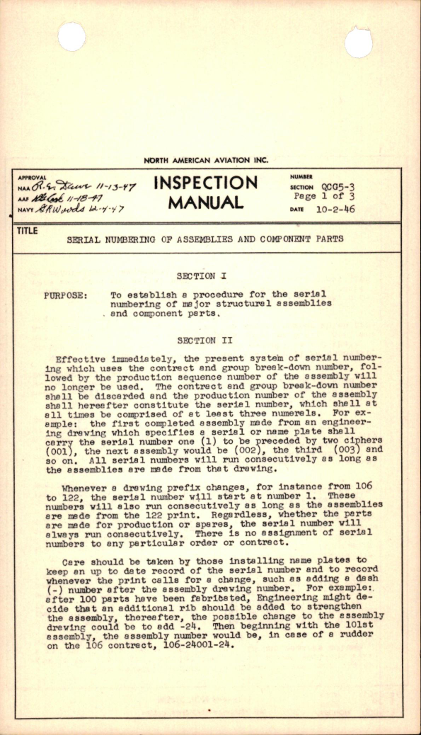 Sample page 1 from AirCorps Library document: Serial Numbering of Assemblies and Component Parts