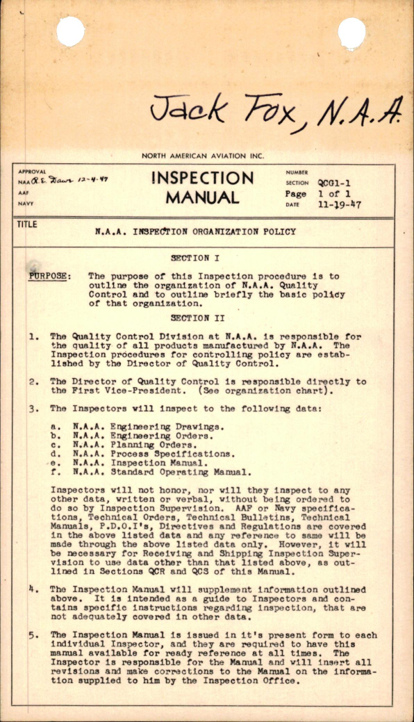 Sample page 1 from AirCorps Library document: NAA Inspection Organization Policy