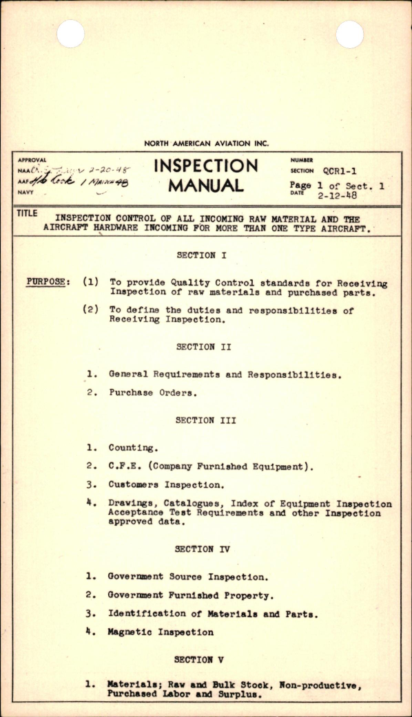 Sample page 1 from AirCorps Library document: Inspection Control of All Incoming Raw Material and the Aircraft Hardware Incoming for More Than One Type of Aircraft