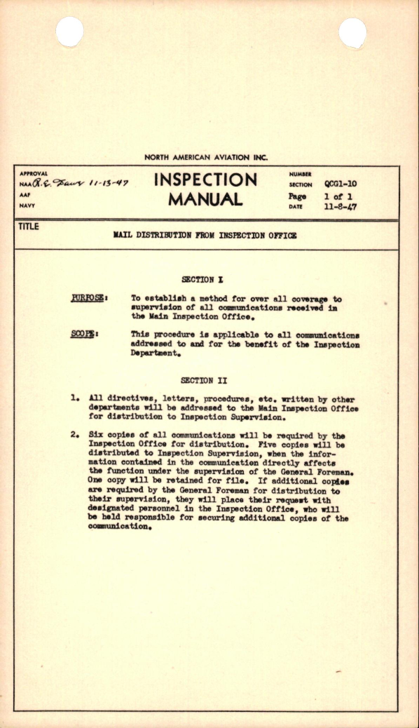 Sample page 1 from AirCorps Library document: Mail Distribution From Inspection Office