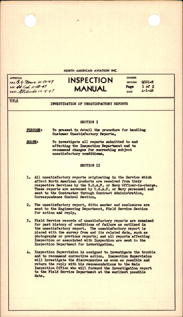 Sample page 1 from AirCorps Library document: Investigation of Unsatisfactory Reports