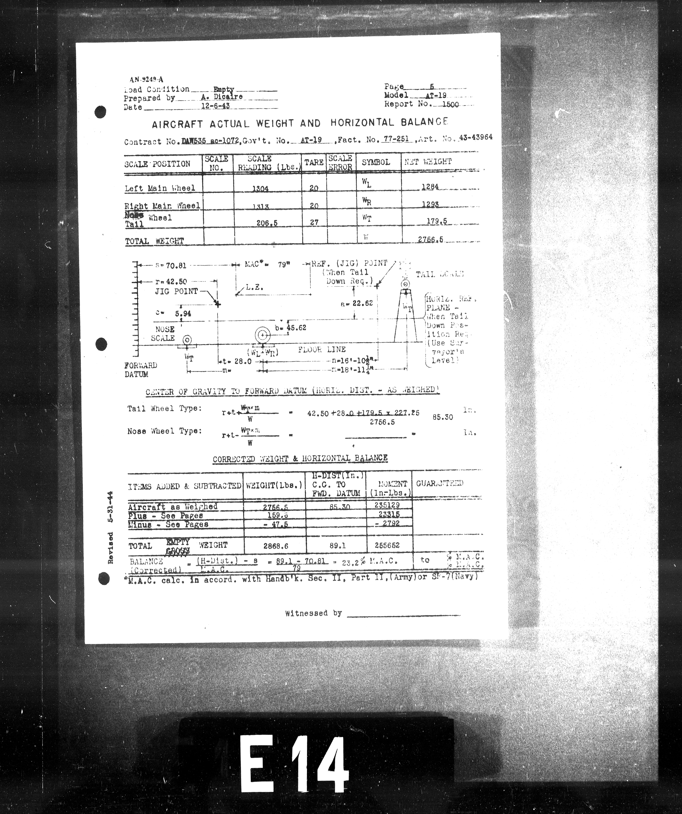 Sample page 6 from AirCorps Library document: Actual Weight and Balance for Model AT-19