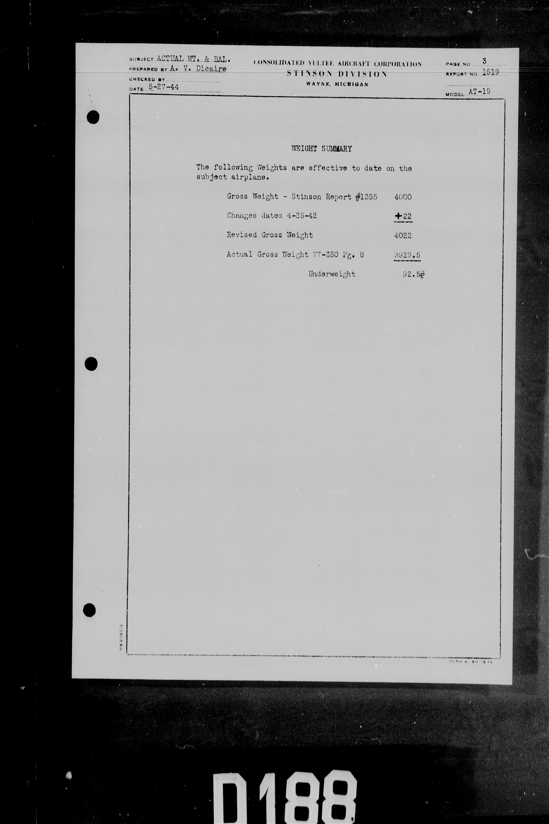 Sample page 5 from AirCorps Library document: Actual Weight and Balance for Model AT-19