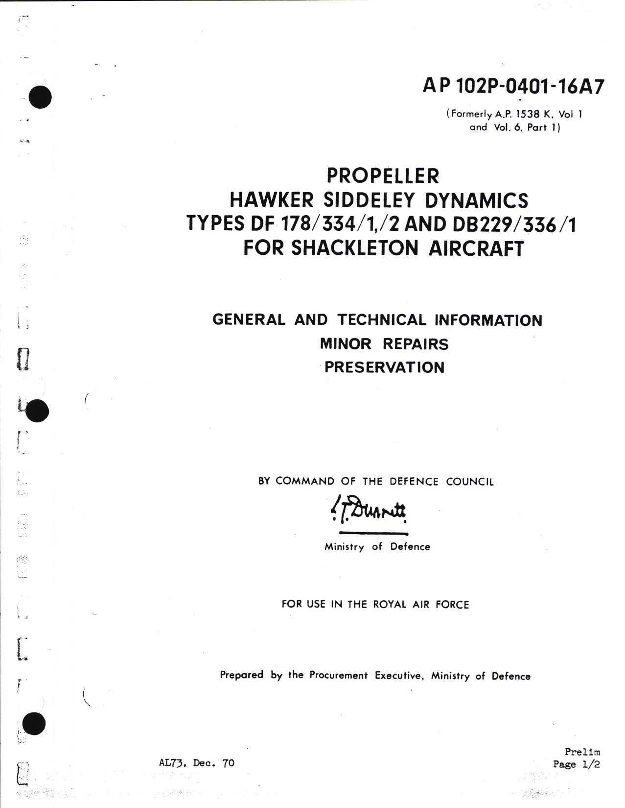 Sample page 1 from AirCorps Library document: Propeller Types DF 178/334/1,/2 and DB299/336/1 For Shackleton Aircraft