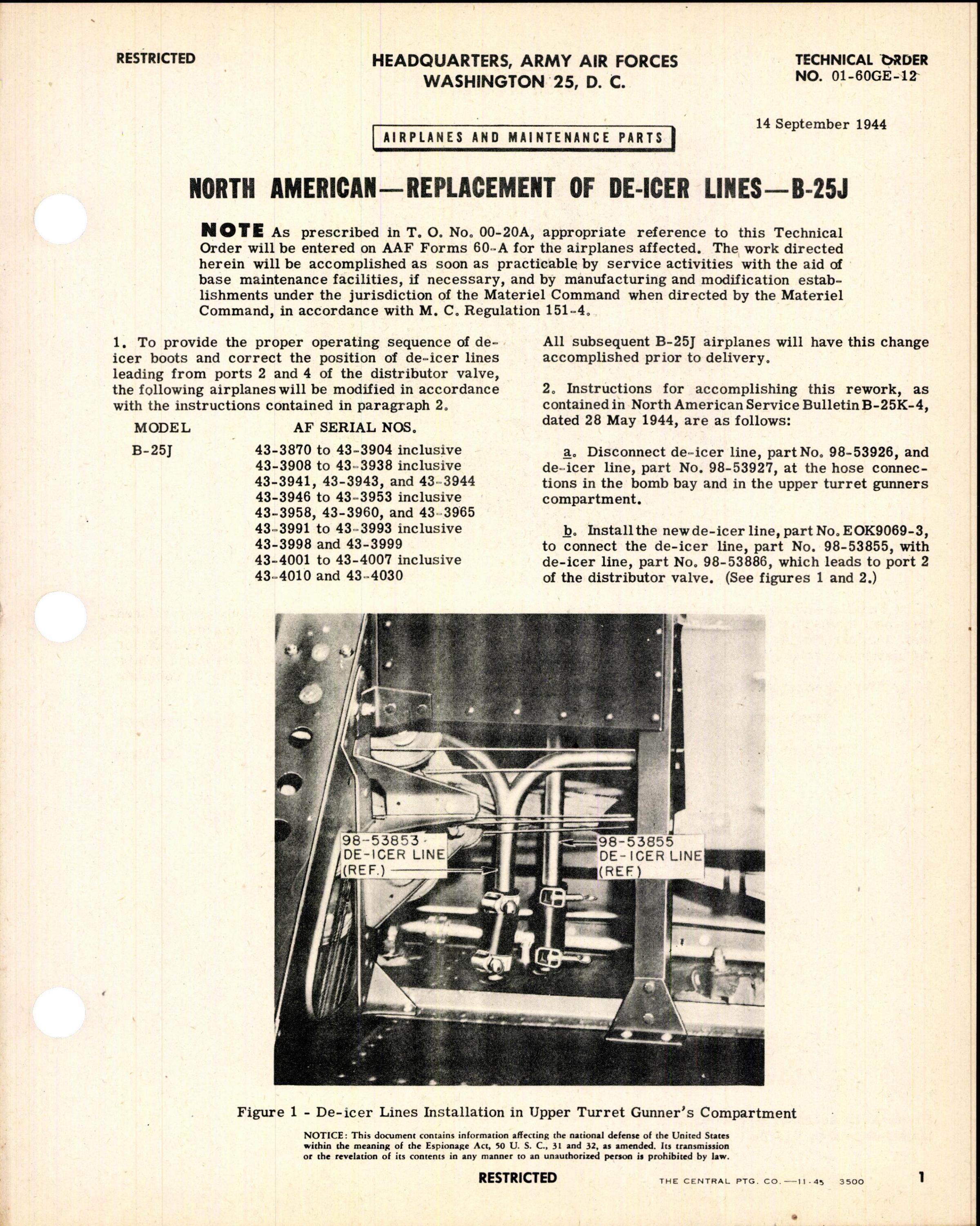 Sample page 1 from AirCorps Library document: Replacement of De-Icer Lines for B-25J