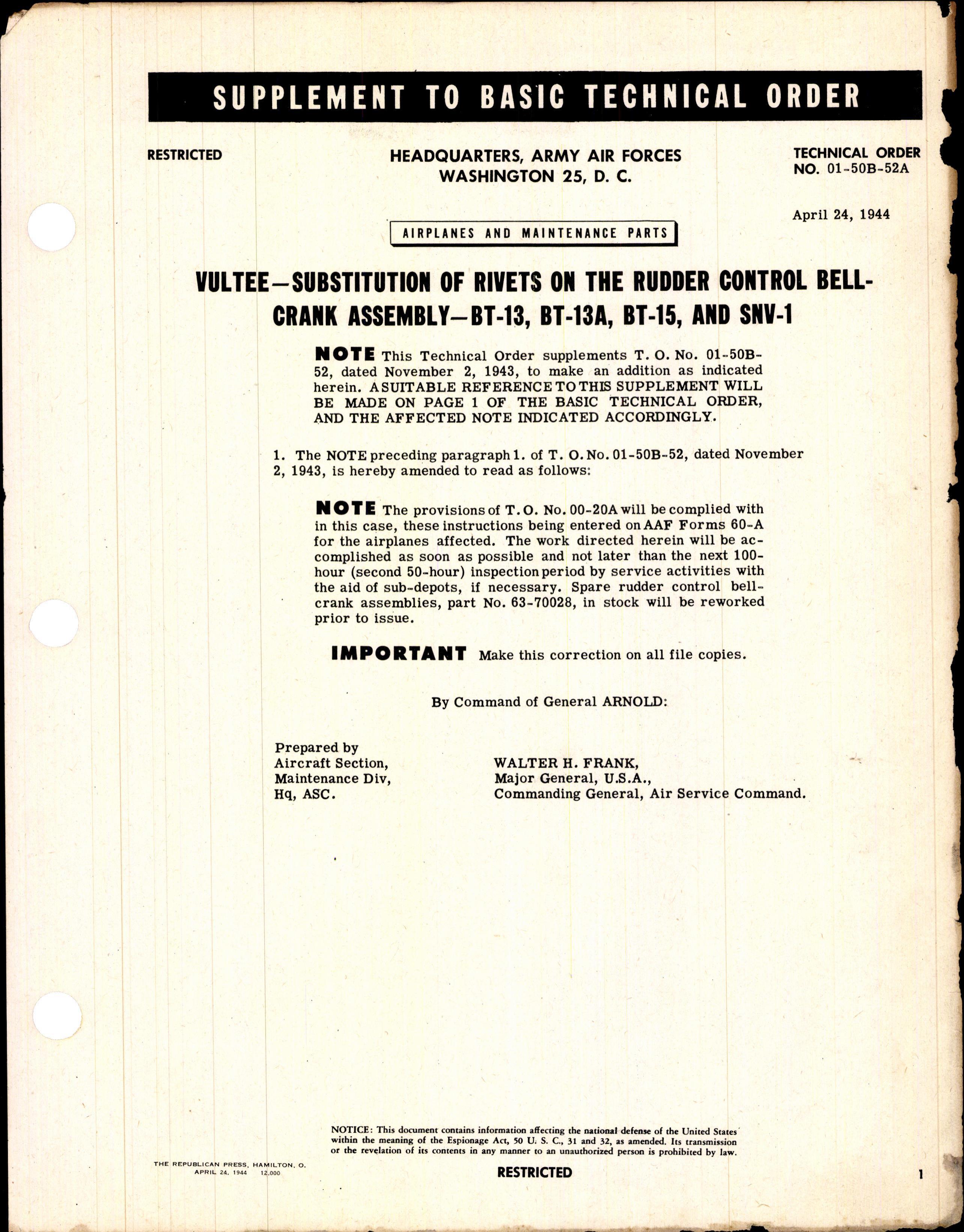 Sample page 1 from AirCorps Library document: Substitution of Rivets on the Rudder Control Bell Crank Assembly for BT-13, BT-13A, BT-15 and SNV-1