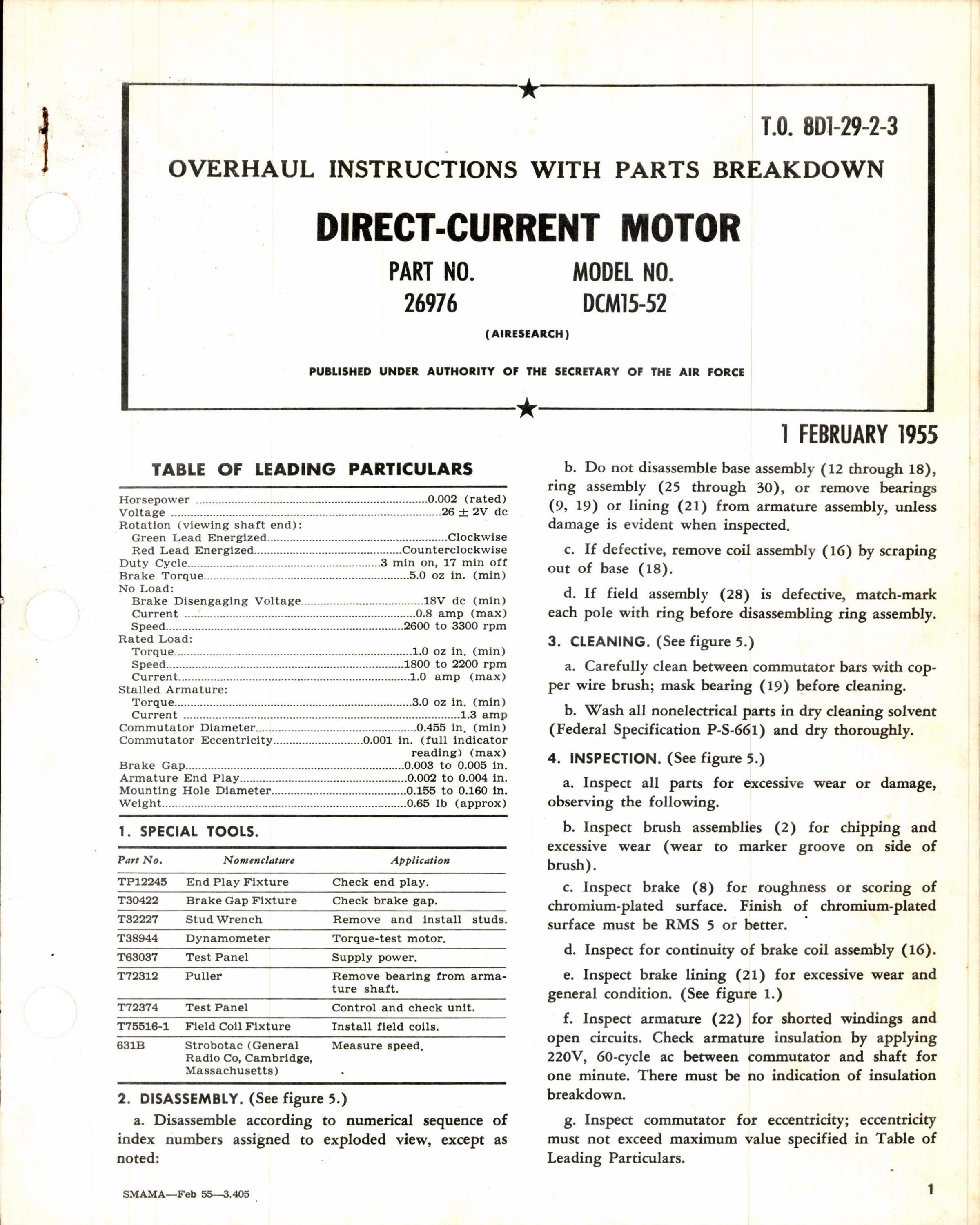 Sample page 1 from AirCorps Library document: Overhaul Instructions with Parts Breakdown for Direct Current Motor Model DCM15-52, Part No 26976