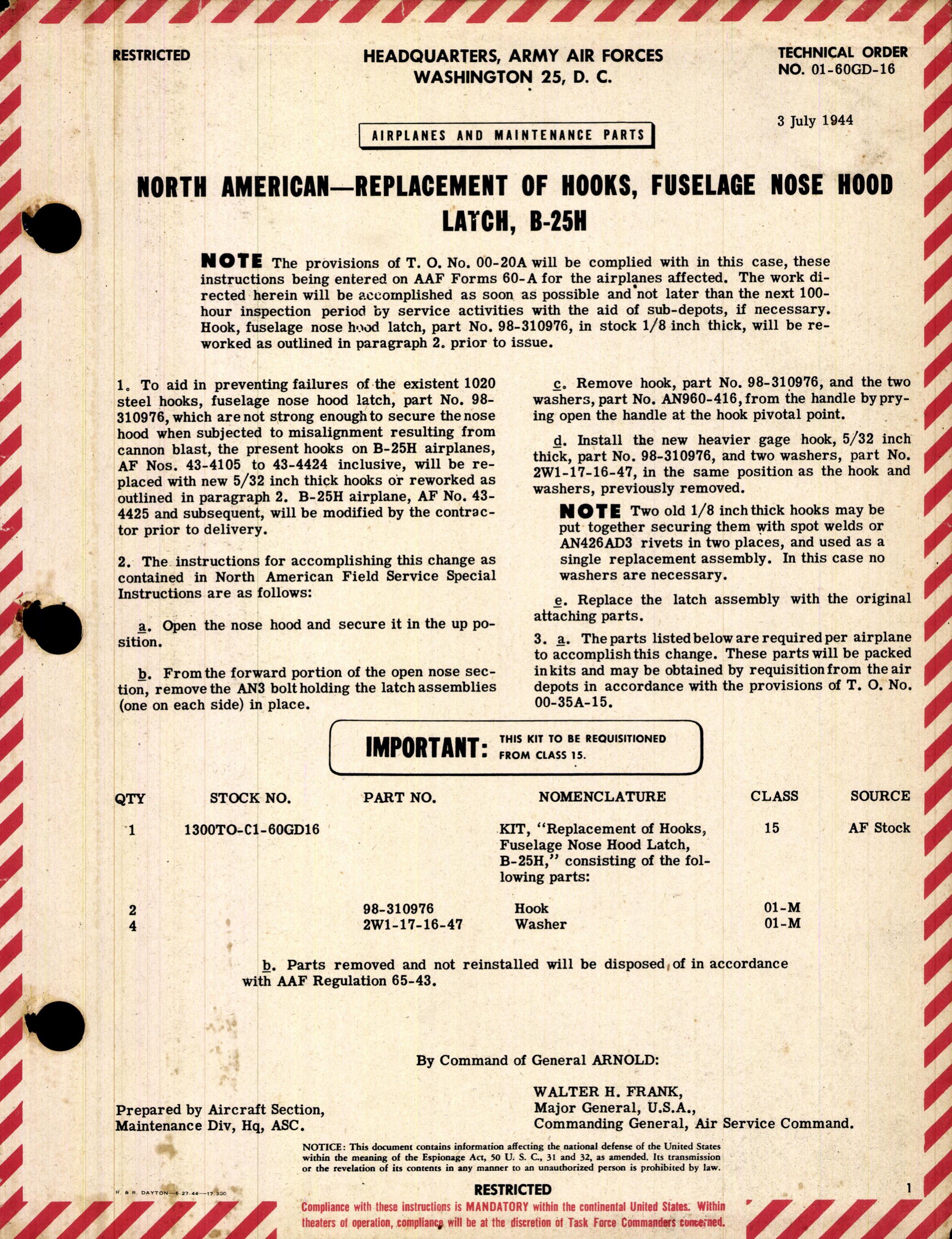 Sample page 1 from AirCorps Library document: Replacement of Hooks, Fuselage Nose Hood Latch for B-25H