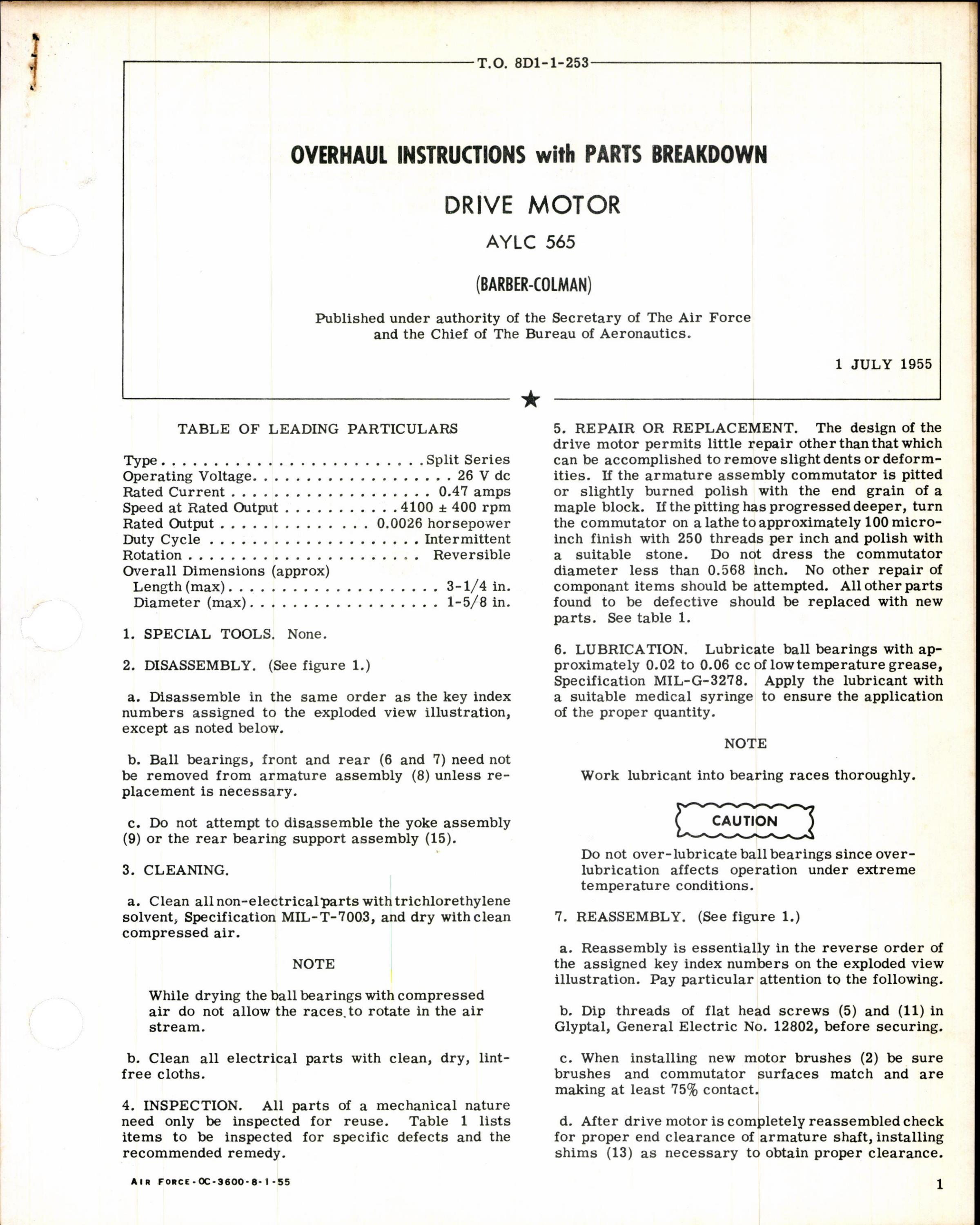 Sample page 1 from AirCorps Library document: Overhaul Instructions with Parts Breakdown for Drive Motor AYLC 565