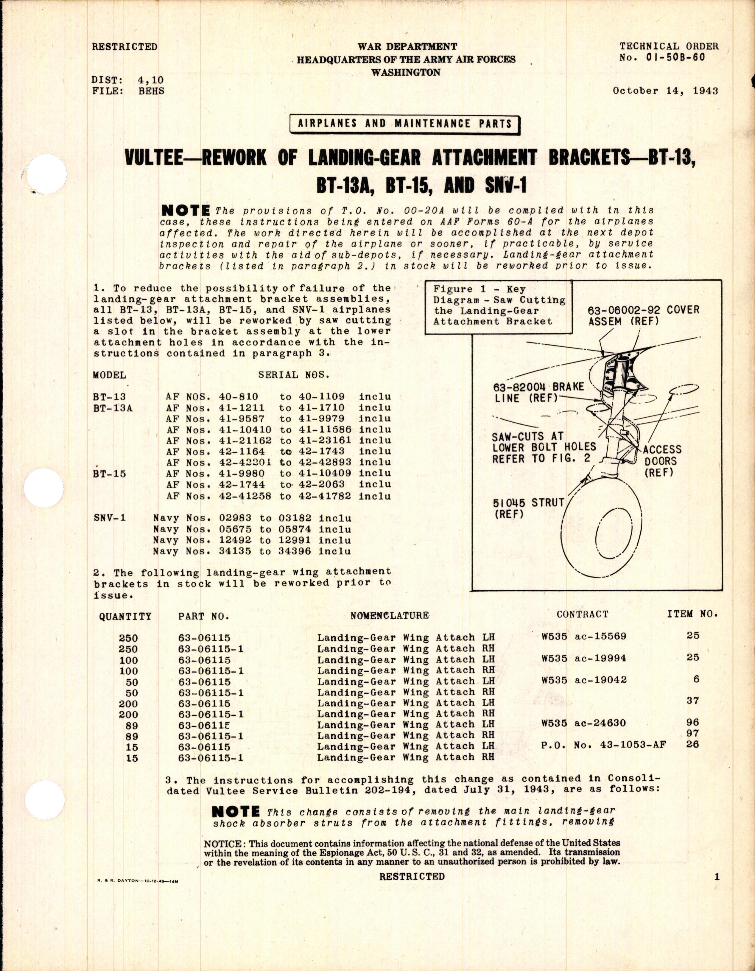 Sample page 1 from AirCorps Library document: Rework of Landing-Gear attachment brackets - BT-13, BT-13A, BT-15, and SNV-1