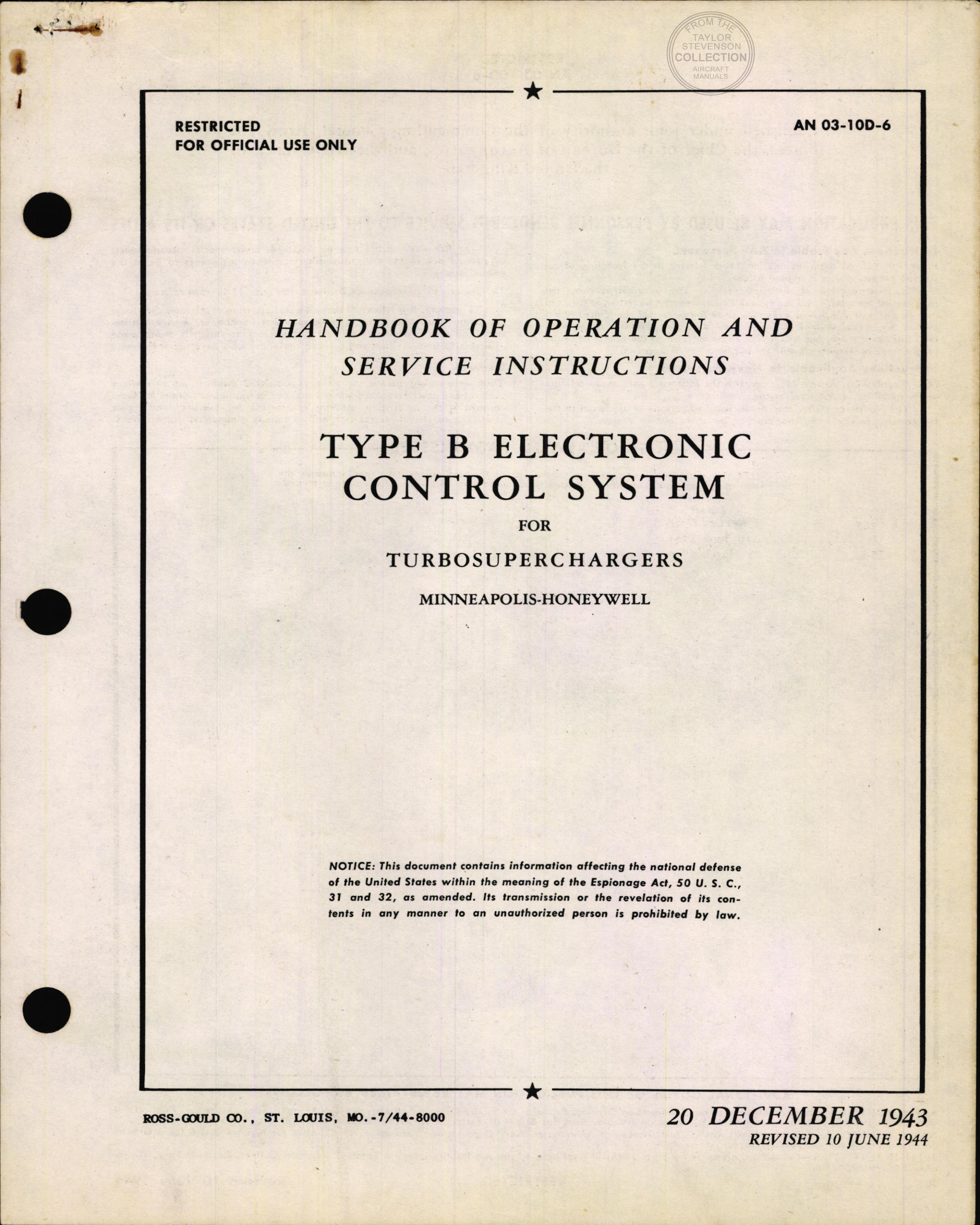 Sample page 1 from AirCorps Library document: Type B Electronic Control for Superchargers - June 1944