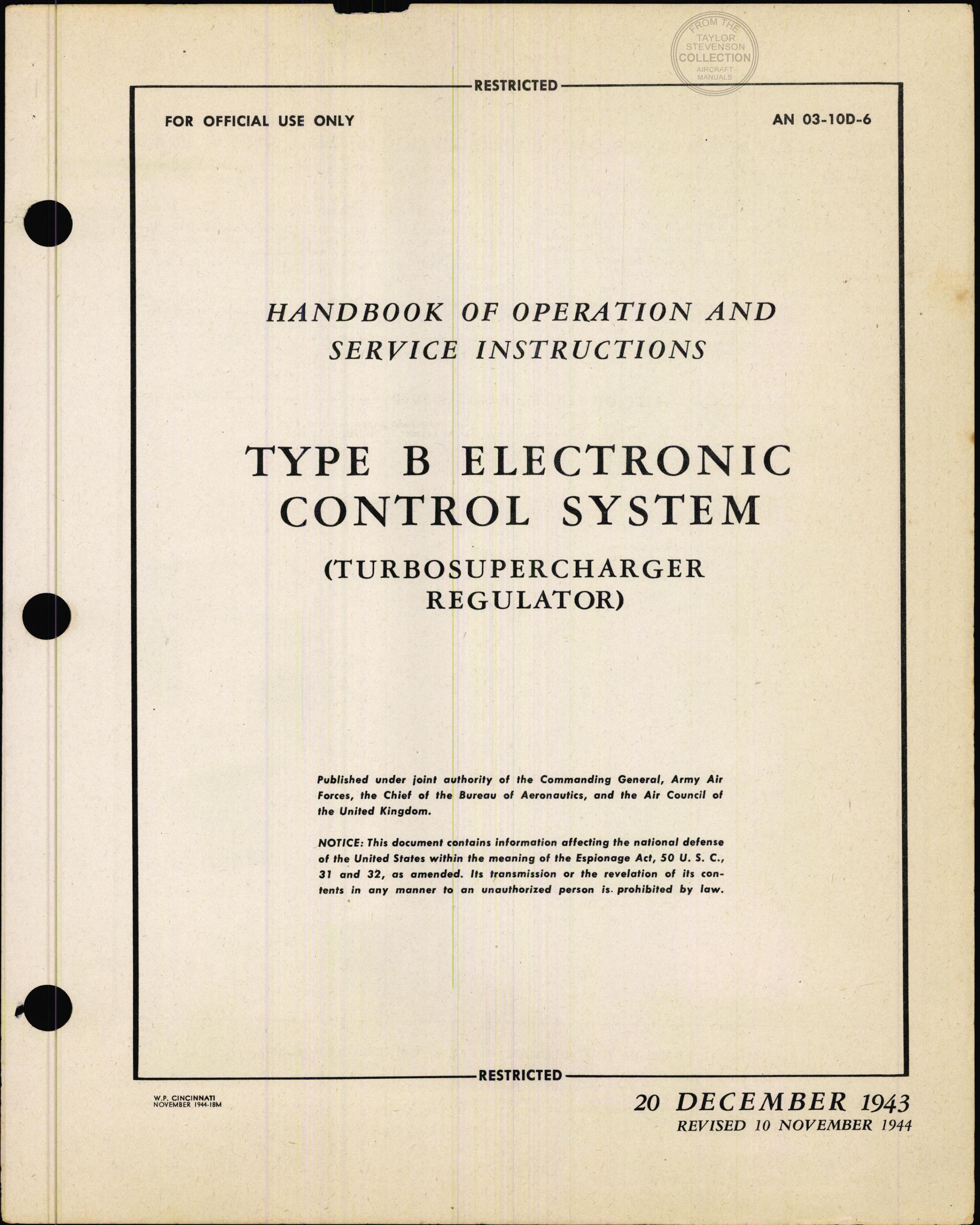 Sample page 1 from AirCorps Library document: Type B Electronic Control for Superchargers - Nov 1944