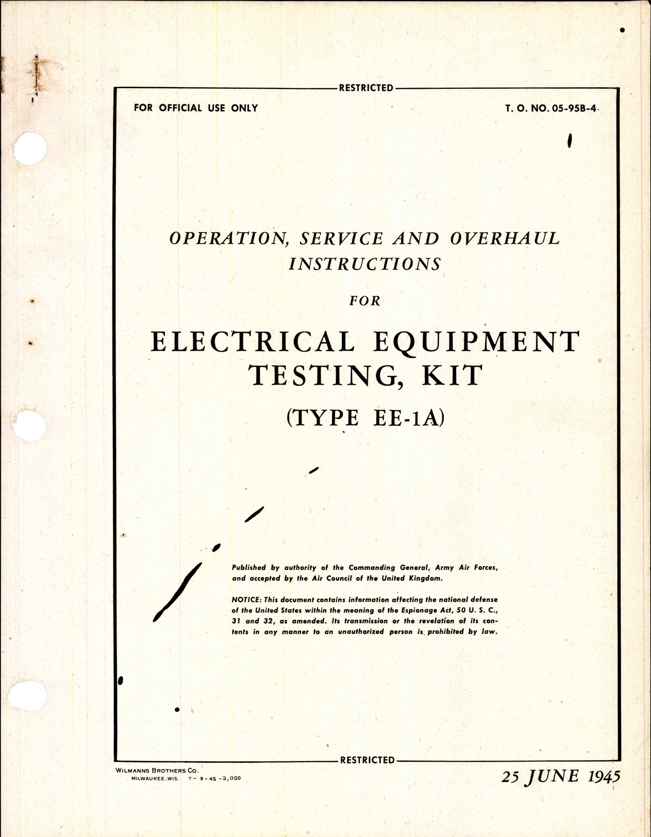 Sample page 1 from AirCorps Library document: Instructions for Electrical Equipment Testing Kit (Type EE-1A)