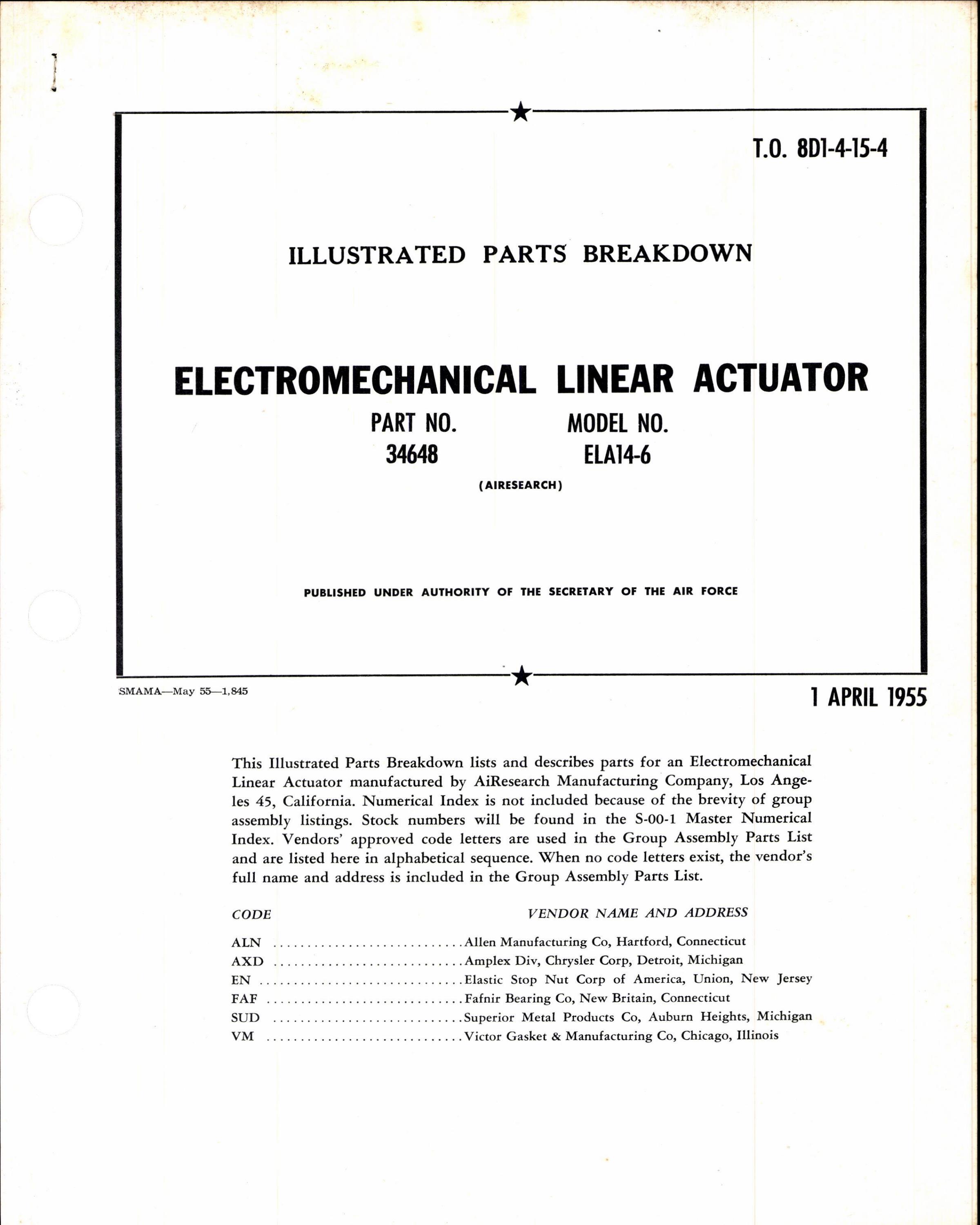 Sample page 1 from AirCorps Library document: Parts Breakdown for Electromechanical Linear Actuator