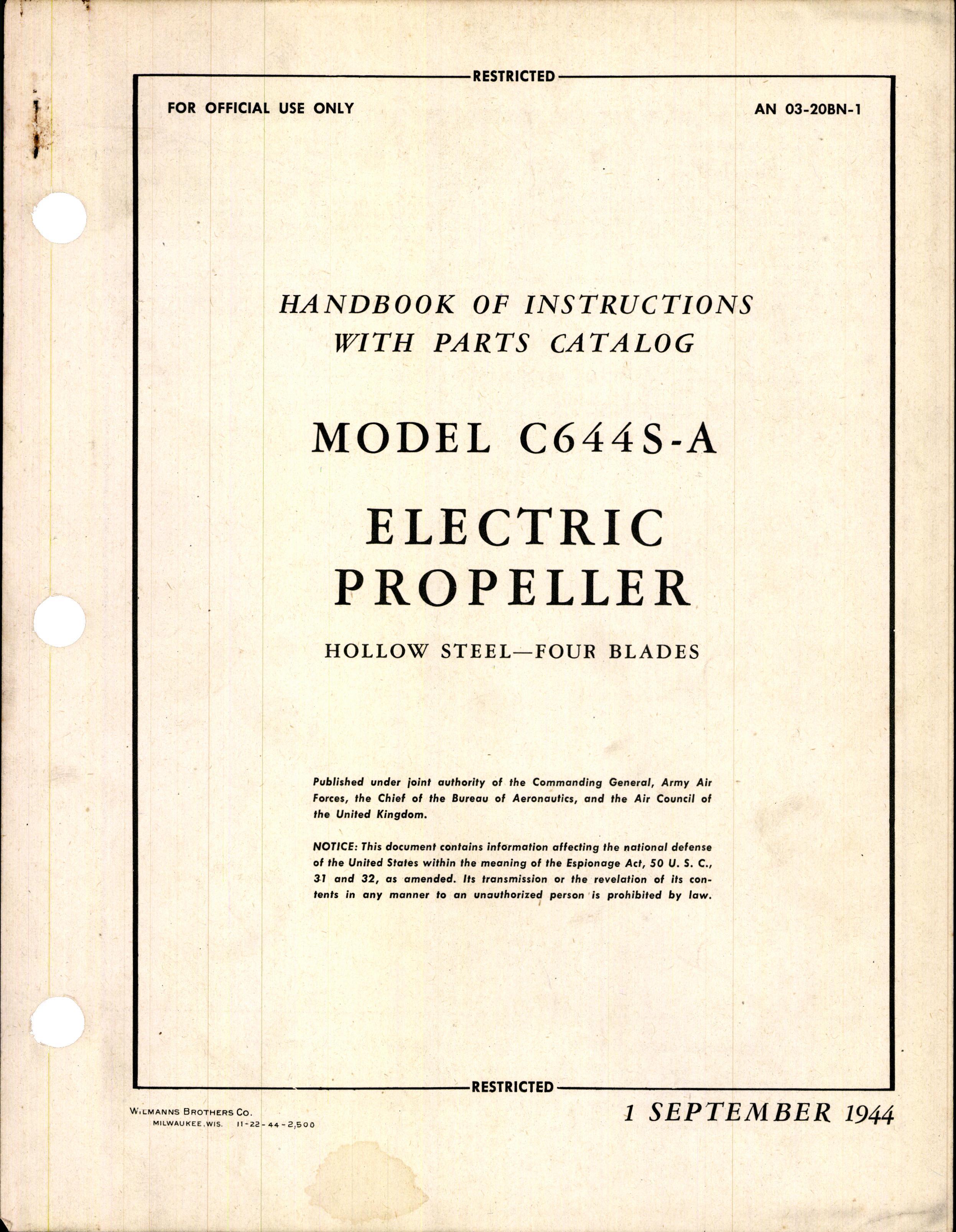 Sample page 1 from AirCorps Library document: Model C644S-A Electric Propeller - Hollow Steel Blades