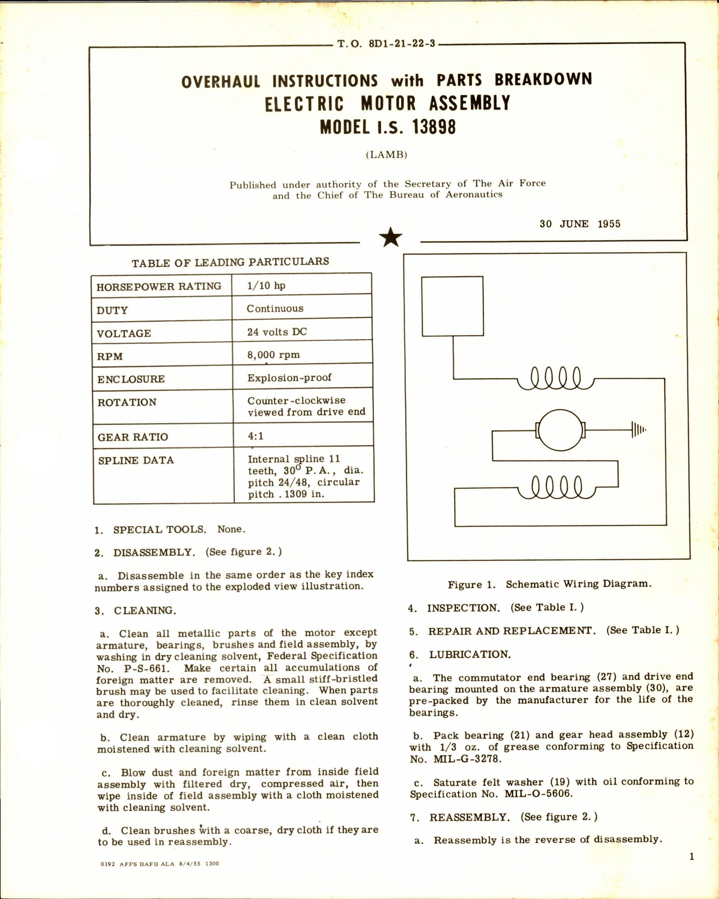 Sample page 1 from AirCorps Library document: Overhaul Instructions with Parts Breakdown for Electric Motor Assembly Model I.S. 13898