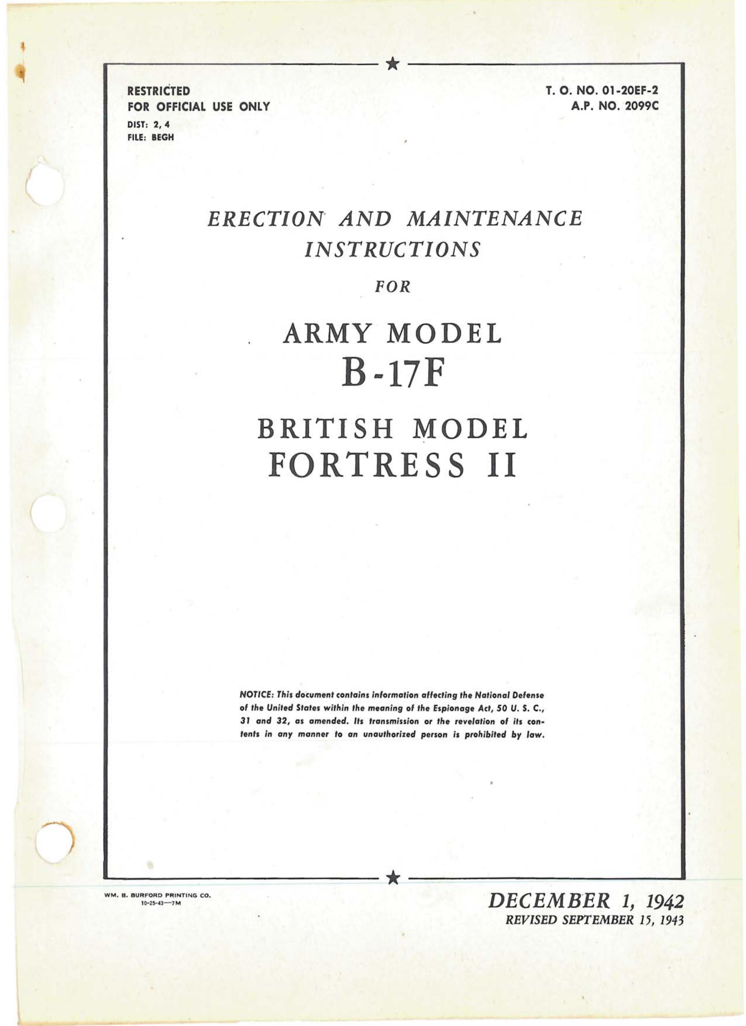 Sample page 1 from AirCorps Library document: Erection & Maintenance - B-17F - Sept 1943
