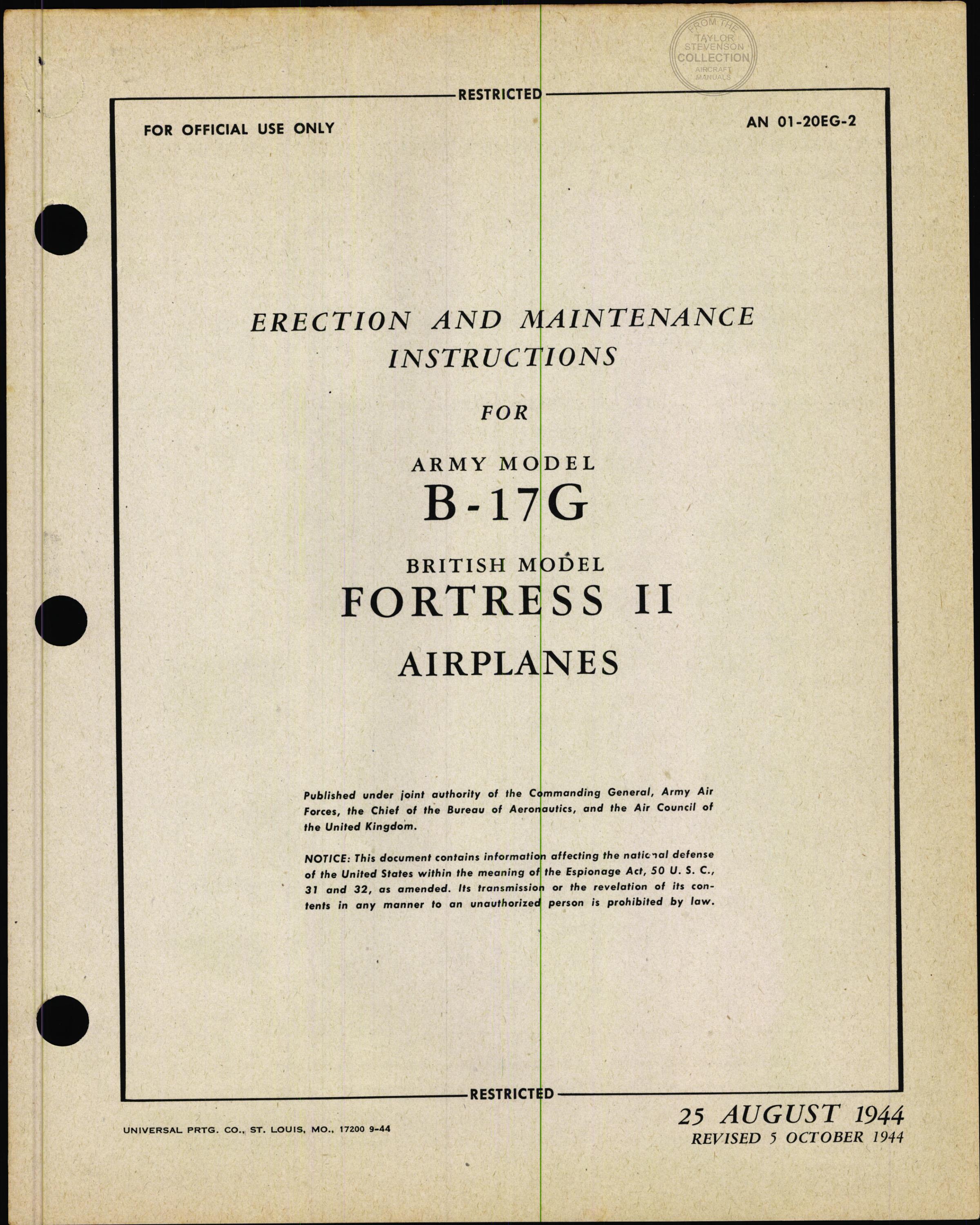 Sample page 1 from AirCorps Library document: Erection & Maintenance - B-17G - Oct 1944