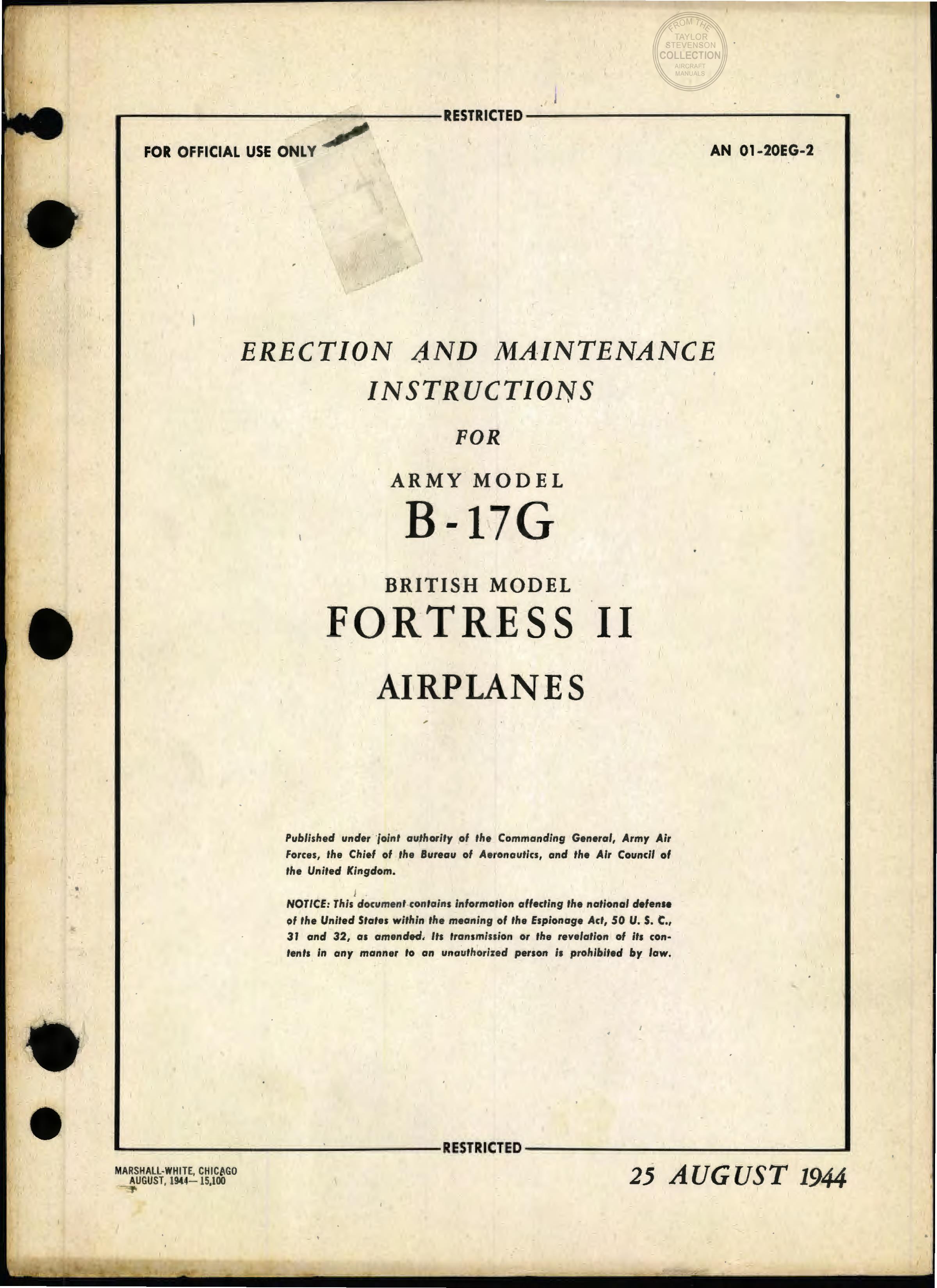 Sample page 1 from AirCorps Library document: Erection & Maintenance - B-17G - Aug 1944