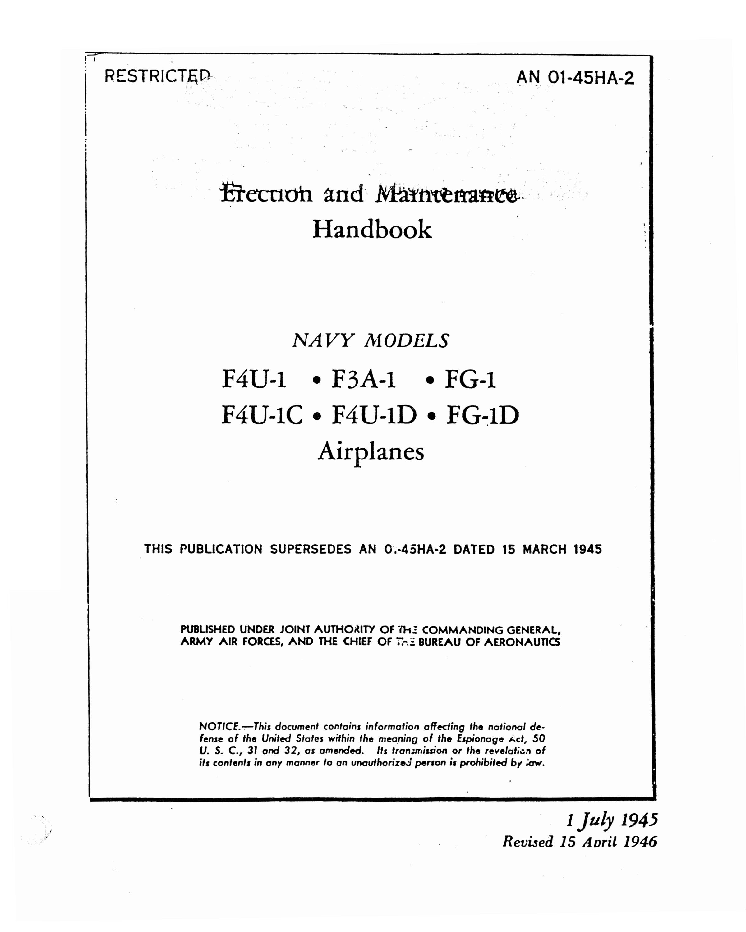 Sample page 1 from AirCorps Library document: Erection & Maintenance Handbook - Corsair