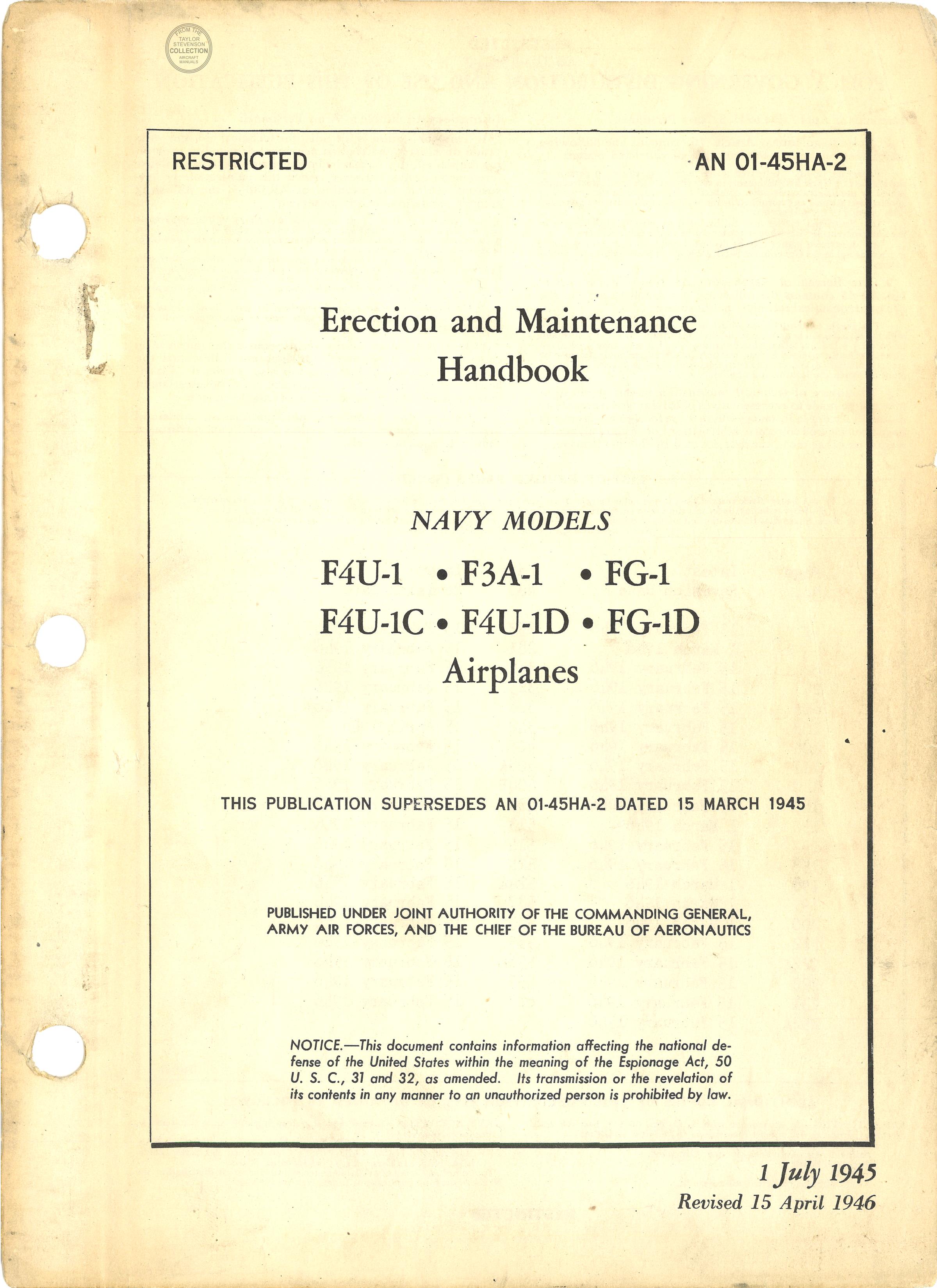 Sample page 1 from AirCorps Library document: Erection & Maintenance - F4U-1, F3A-1, FG-1