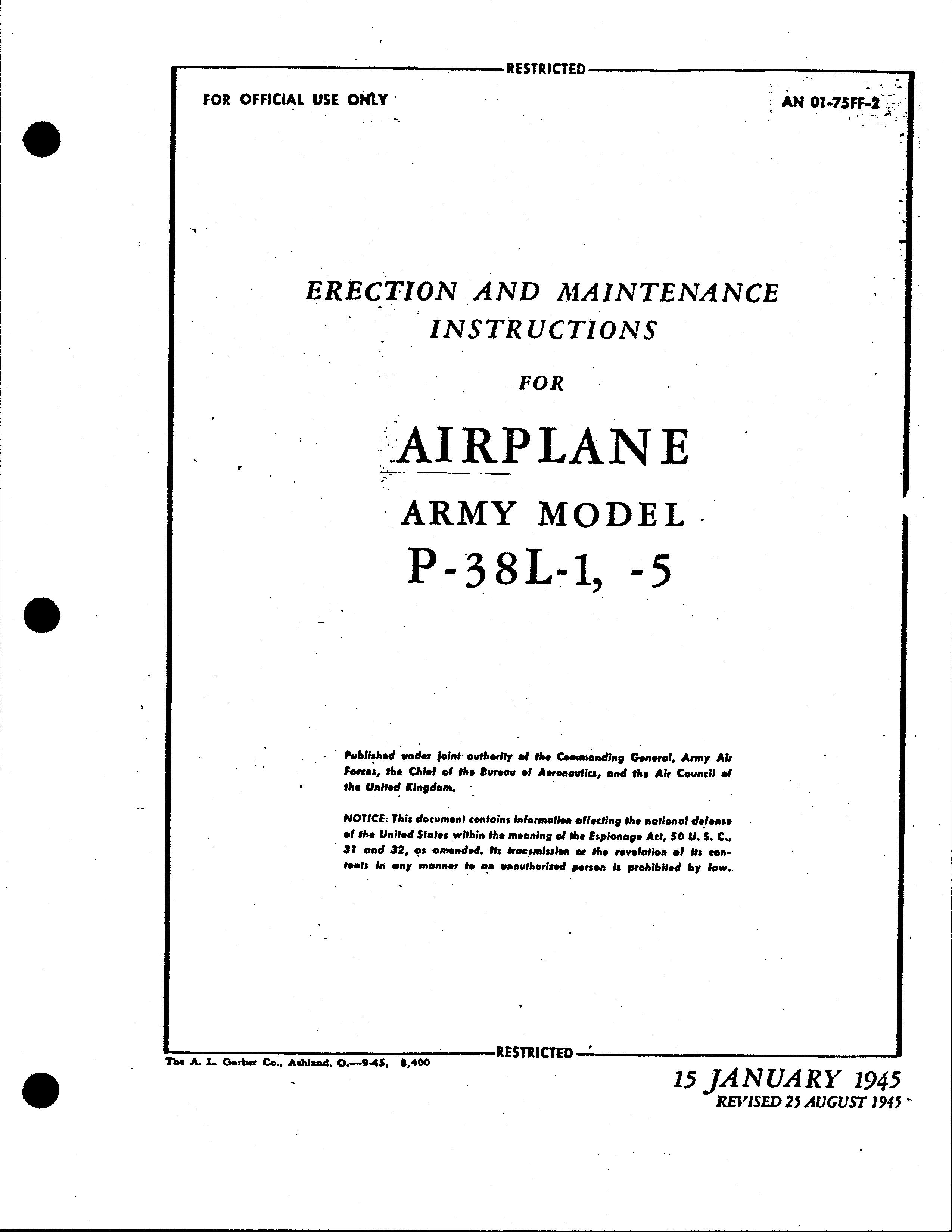 Sample page 1 from AirCorps Library document: Erection & Maintenance Manual - P-38