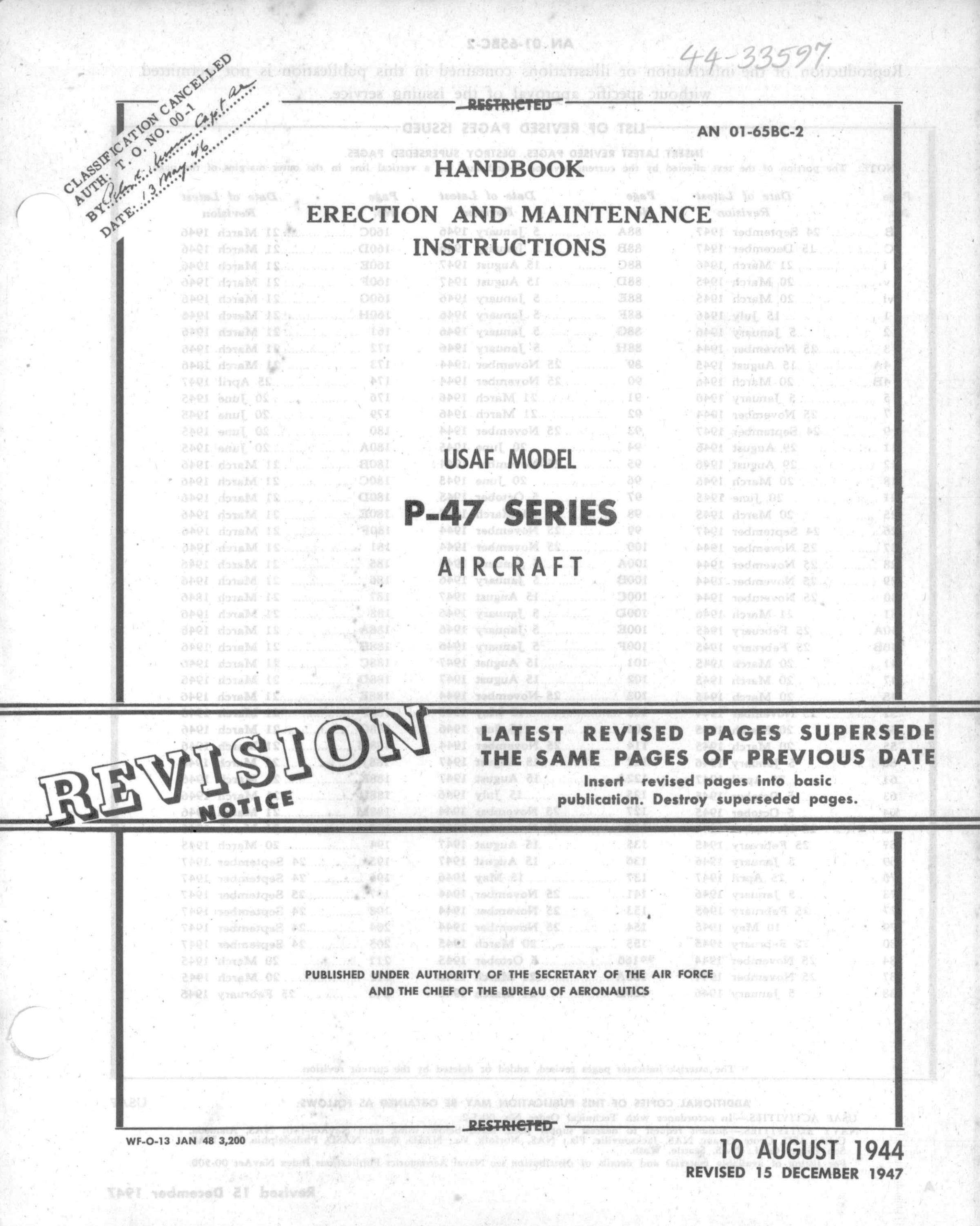 Sample page 1 from AirCorps Library document: Erection & Maintenance Manual - P-47 - 1947