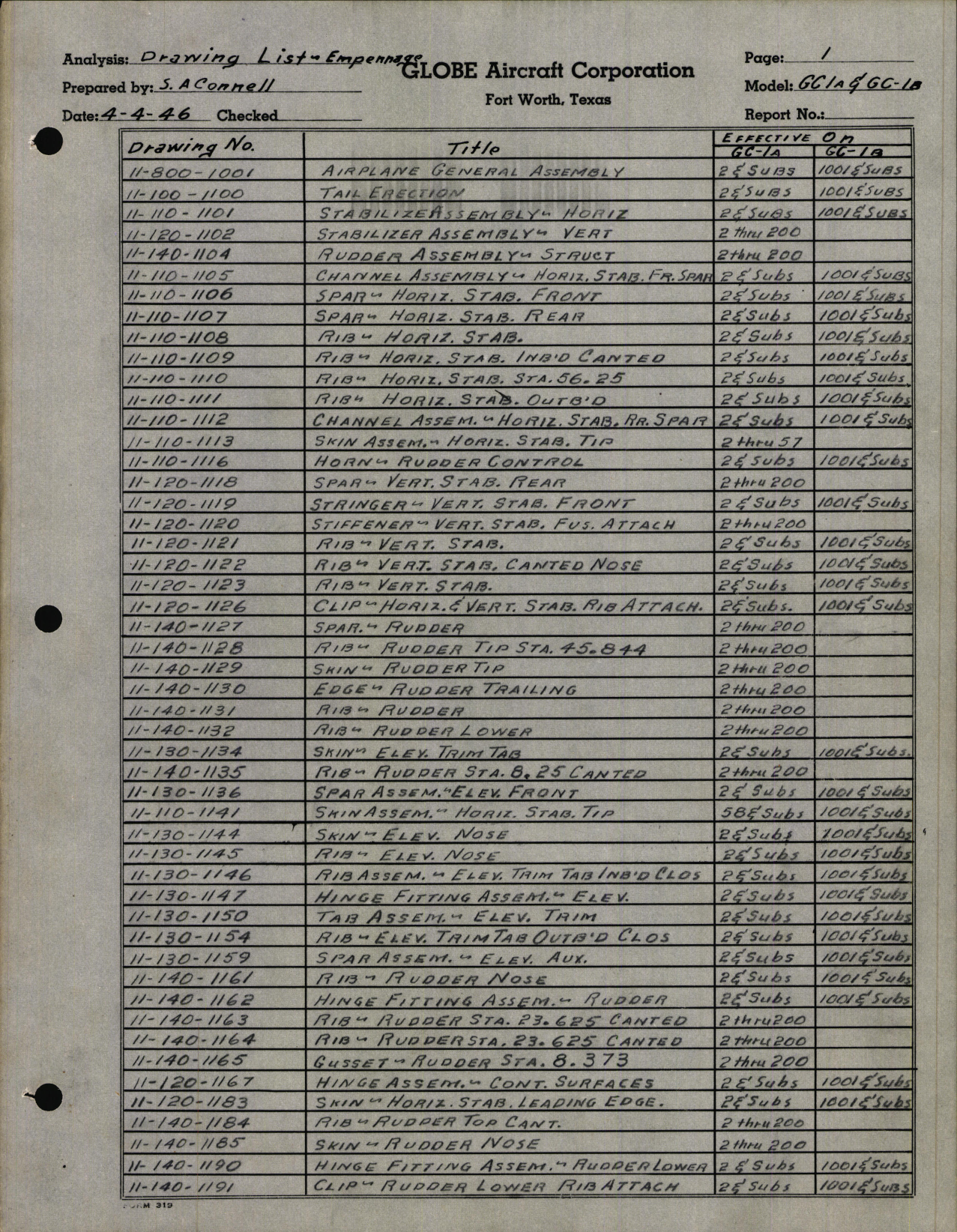 Sample page 1 from AirCorps Library document: Empennage Drawing List and Engineering Parts Breakdown for GC-1A & B 