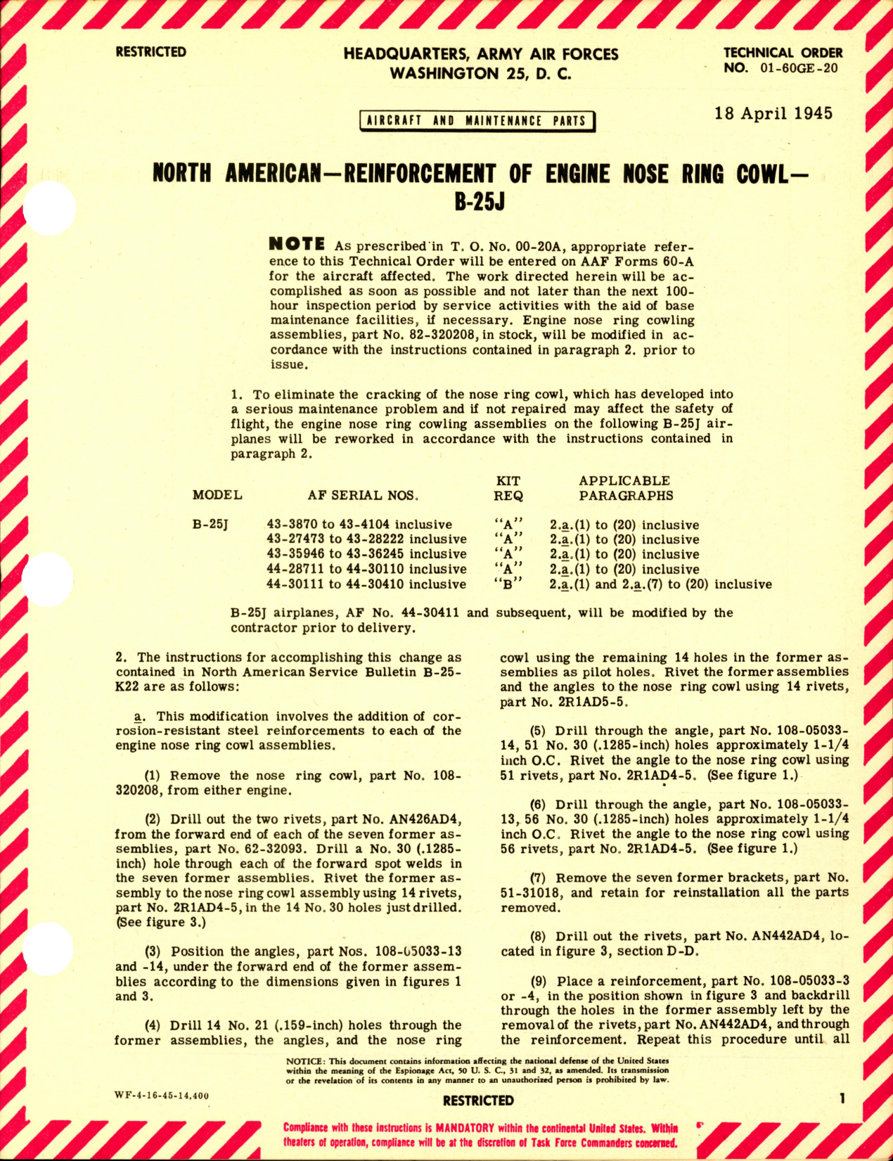 Sample page 1 from AirCorps Library document: Reinforcement of Engine Nose Ring Cowl for B-25J