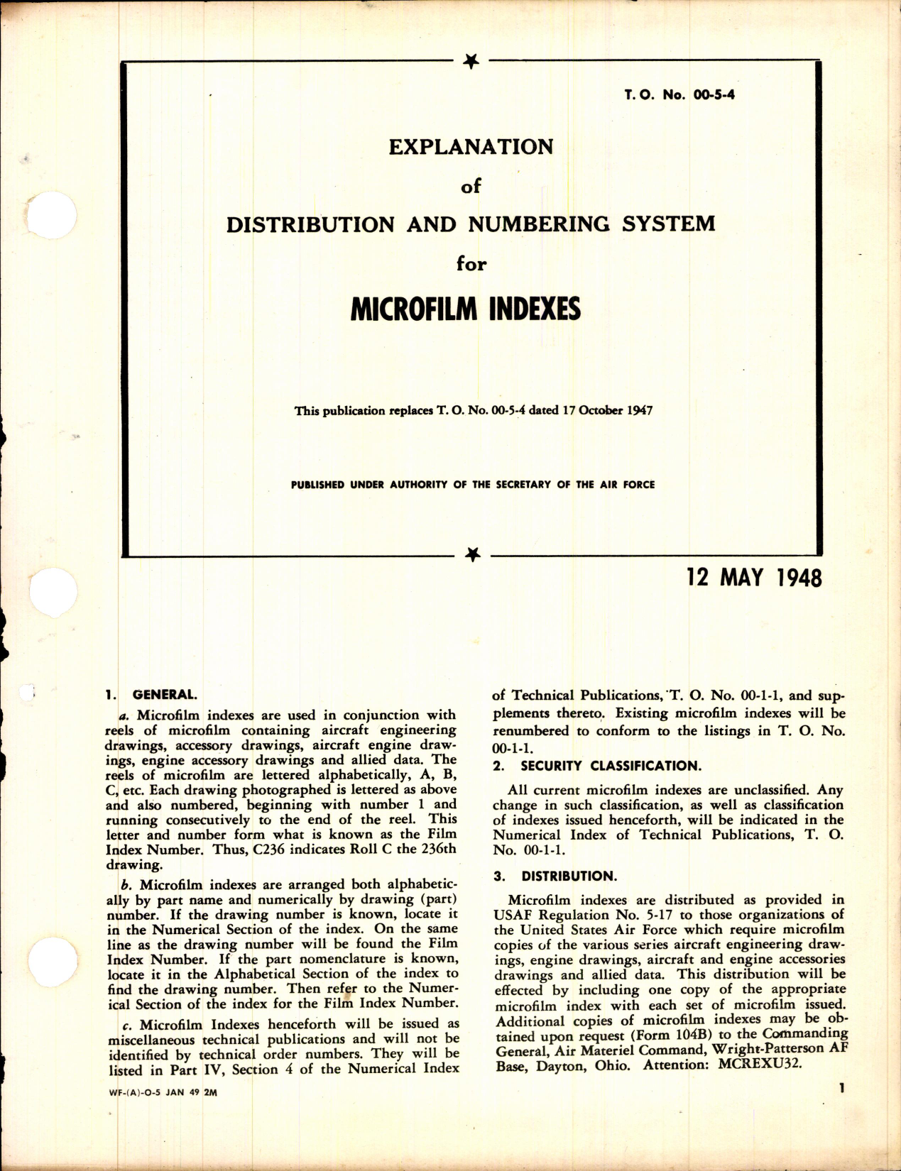 Sample page 1 from AirCorps Library document: Distribution and Numbering System for Microfilm Indexes