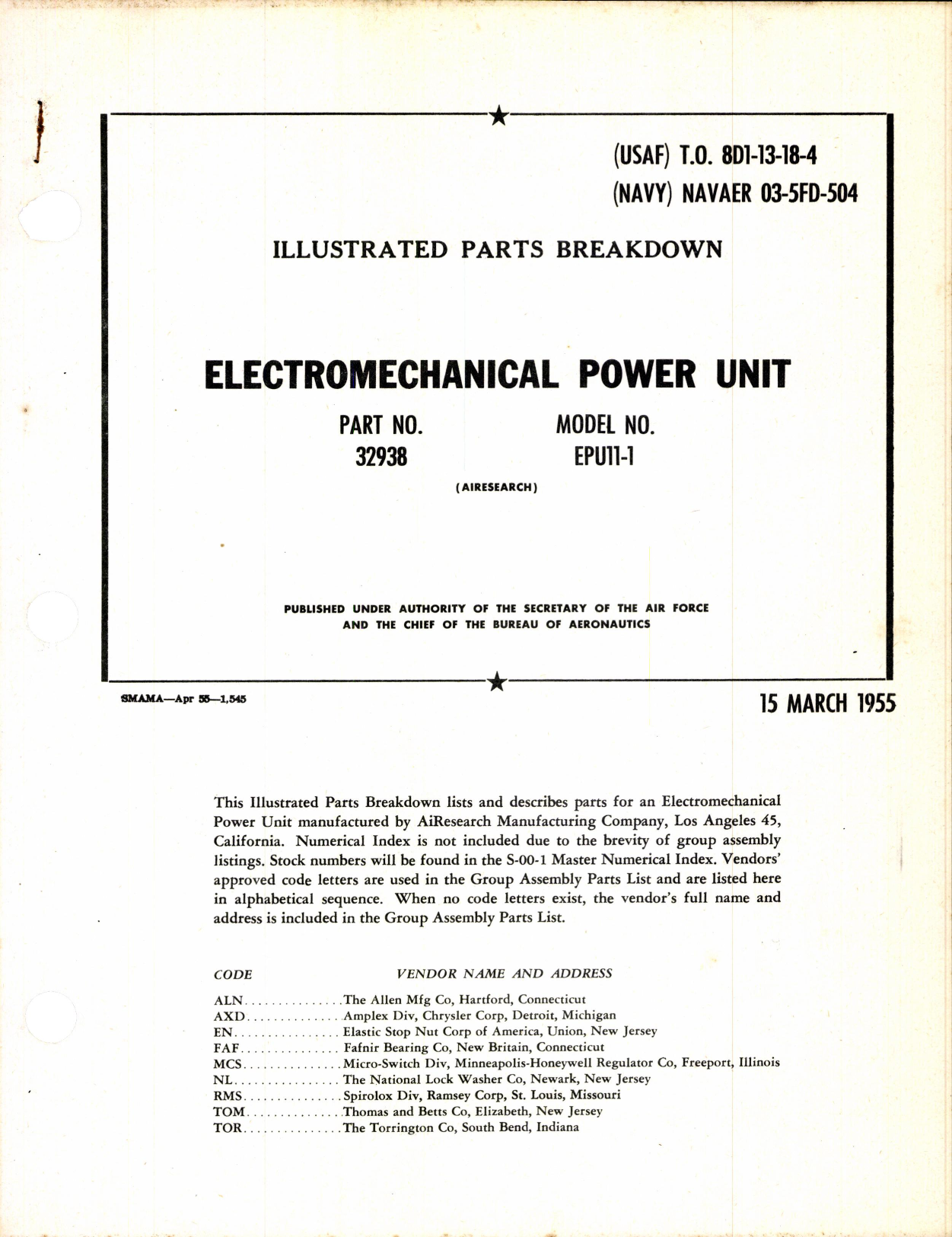 Sample page 1 from AirCorps Library document: Illustrated Parts Breakdown Electromechanical Power Unit