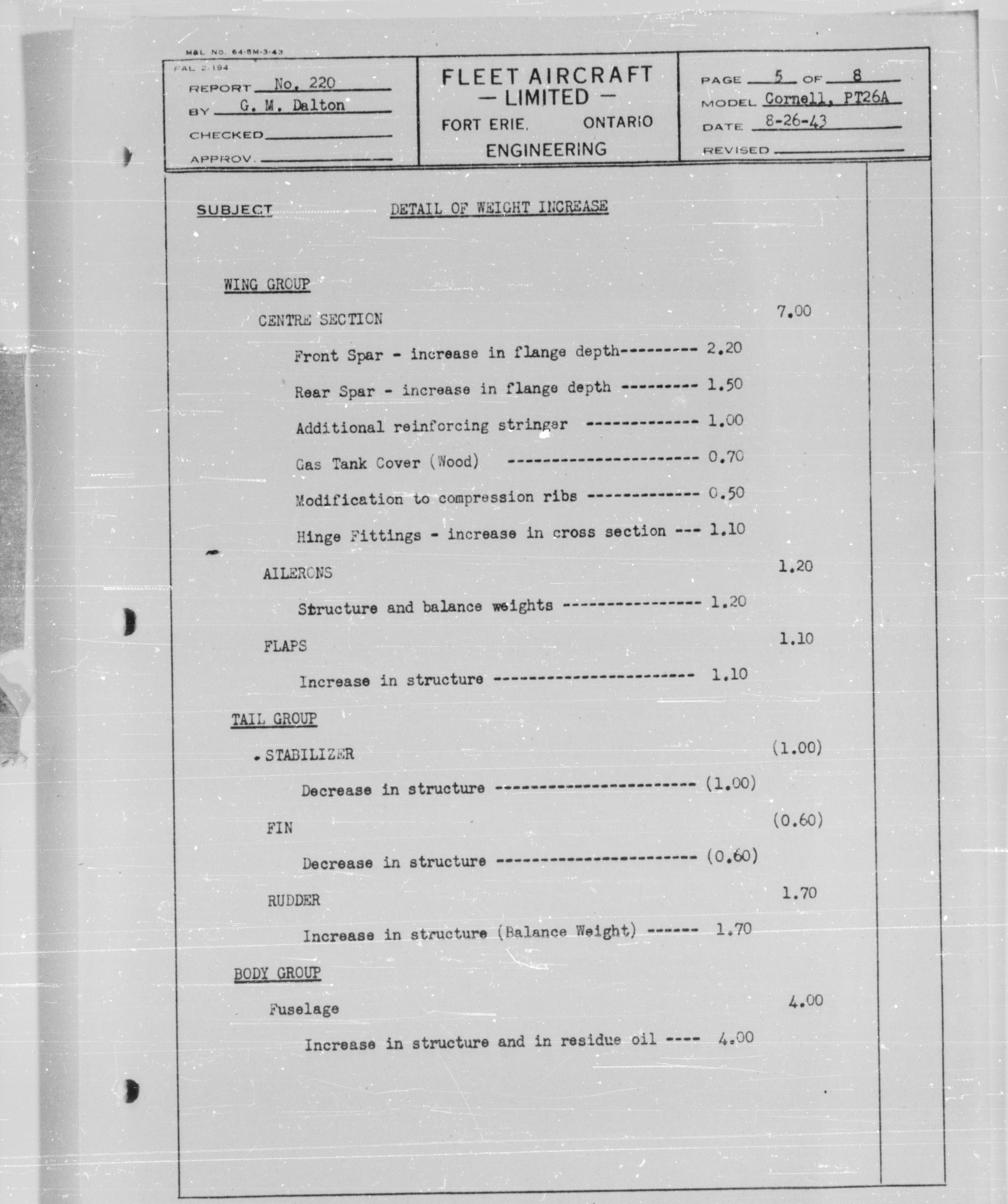 Sample page 5 from AirCorps Library document: Approved Tare Weight Modification for Cornell PT-26A