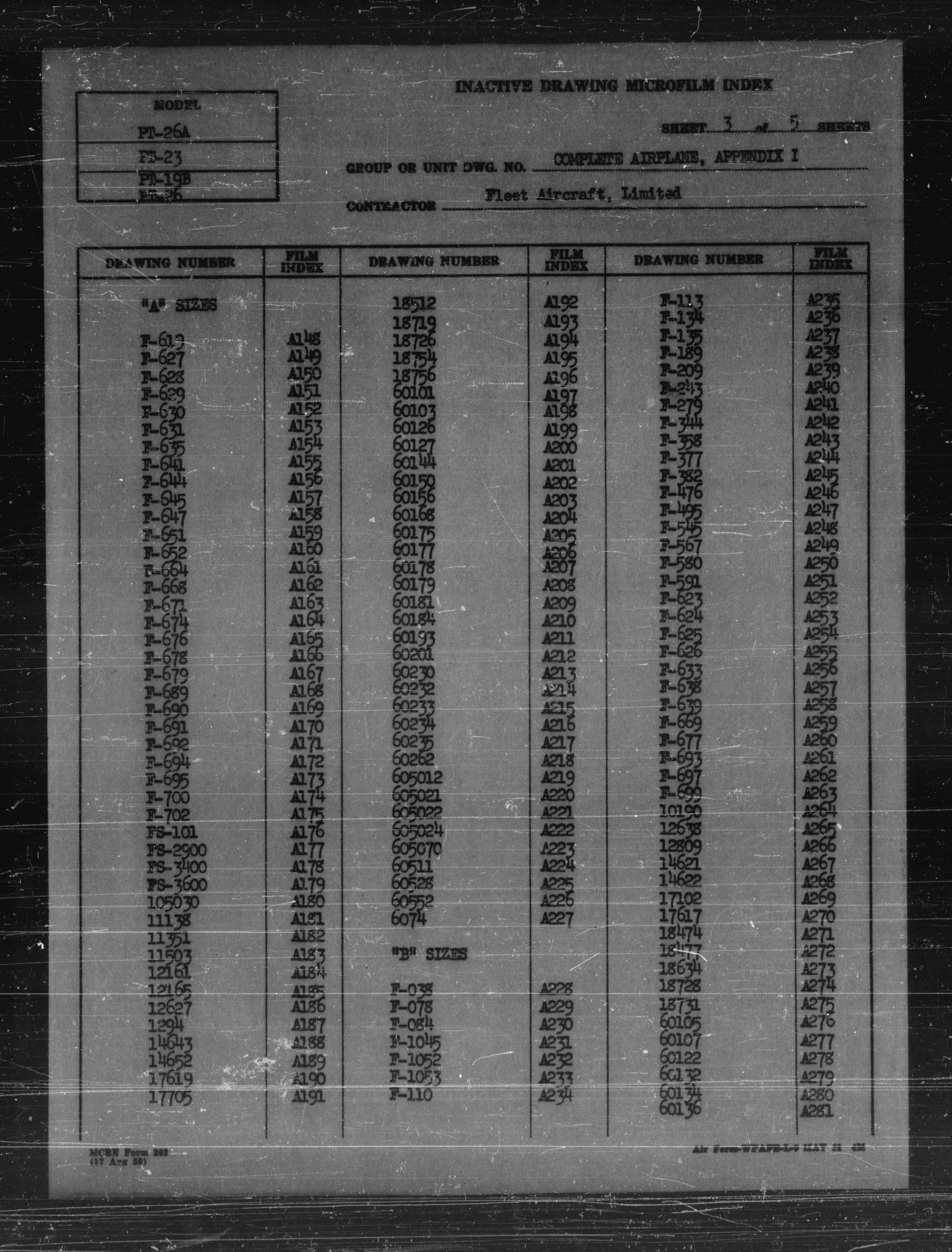 Sample page 5 from AirCorps Library document: Index of Drawings on Microfilm for PT-19B, PT-23, PT-26, and PT-26A